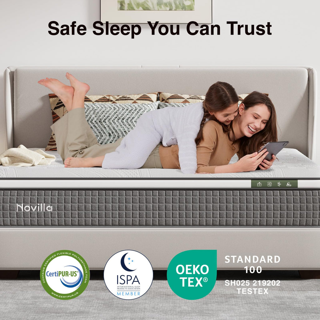 Novilla 14 Inch Queen Size Mattress,Hybrid Queen Mattress with Gel Memory Foam, Cool-to-Touch Nylon Blend & Pocketed Coils for Adaptive Body Support & Motion Isolation CertiPUR-US Certified