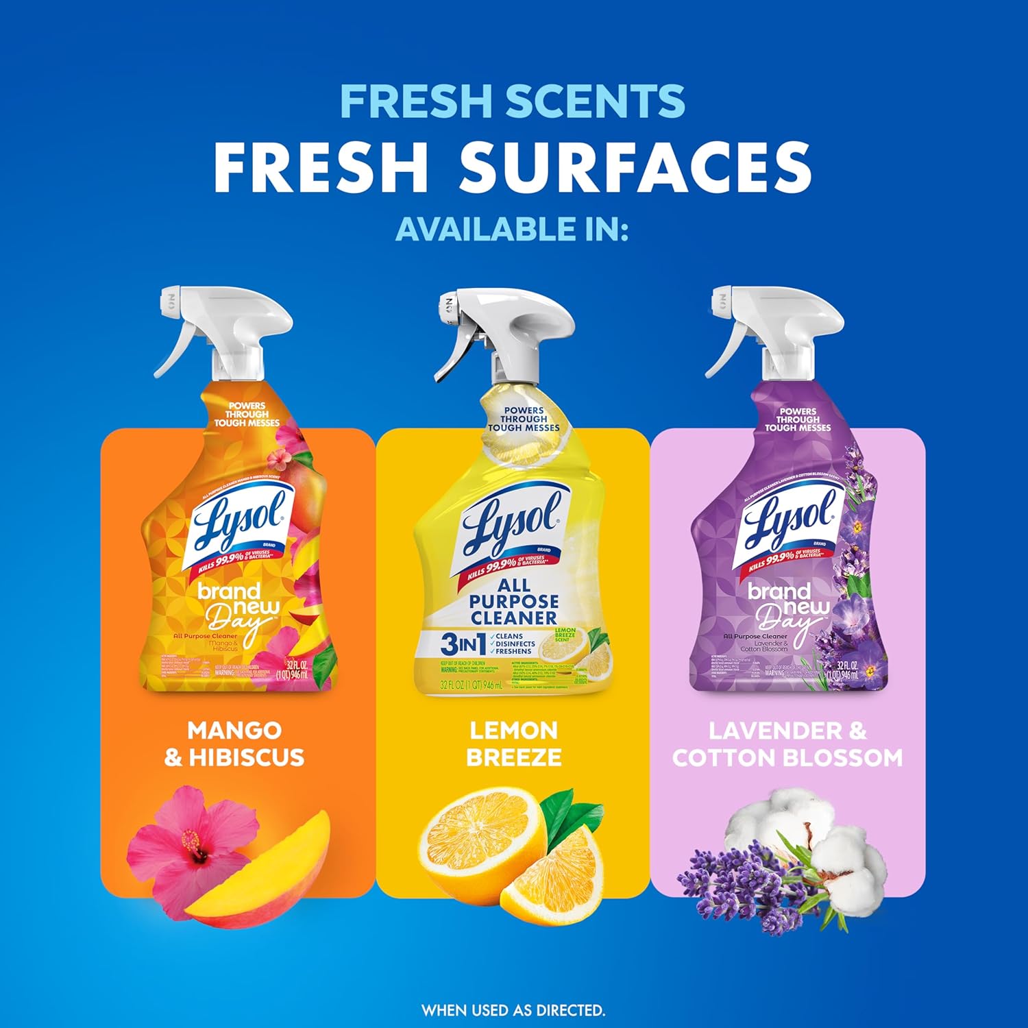 Lysol All Purpose Cleaner Spray, Multi-Purpose Disinfecting Spray, Kitchen & Bathroom Cleaner, Lemon Breeze, Lavender, & Mango Scents, 32oz (Pack of 4)