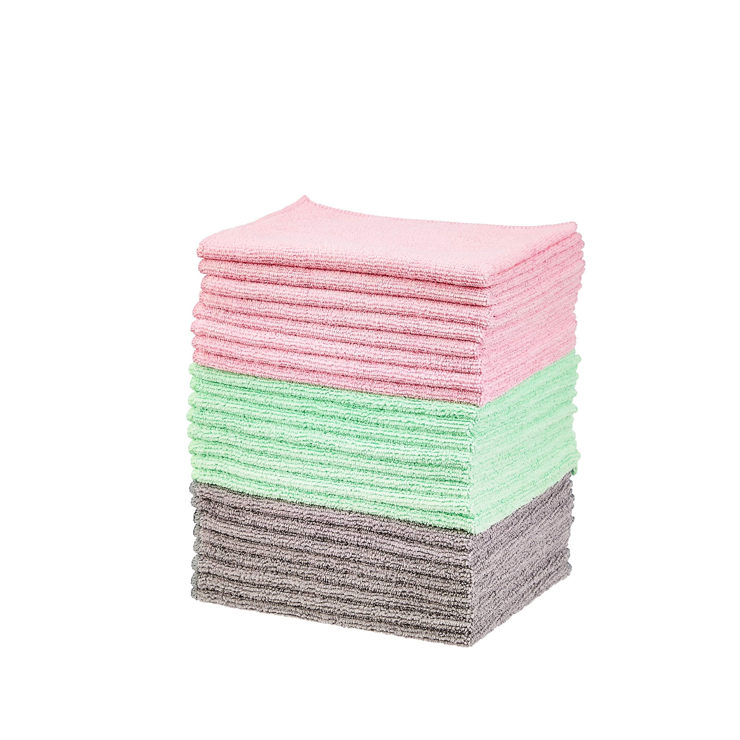 Amazon Basics Microfiber Cleaning Cloths, Ultra Absorbent, Lint Free, Streak Free, Non-Abrasive, Reusable and Washable, 16" x 12", Blue/White/Yellow, Pack of 24