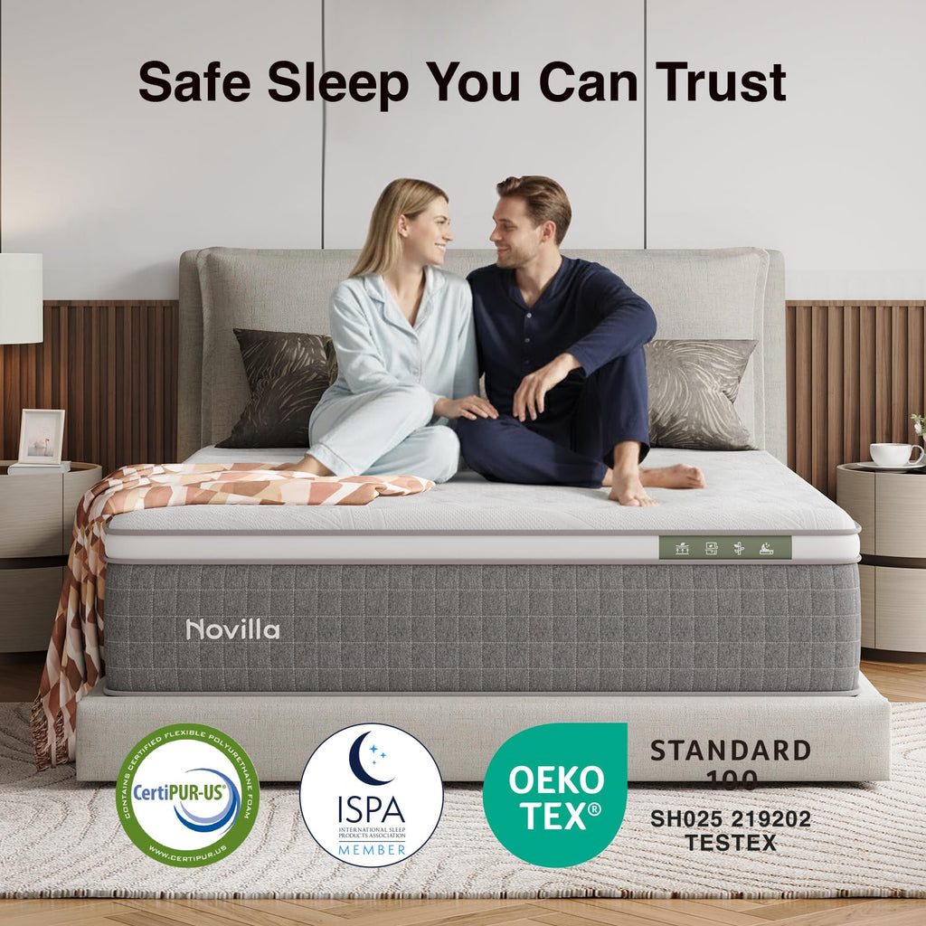 Novilla 14 Inch Queen Size Mattress,Hybrid Queen Mattress with Gel Memory Foam, Cool-to-Touch Nylon Blend & Pocketed Coils for Adaptive Body Support & Motion Isolation CertiPUR-US Certified