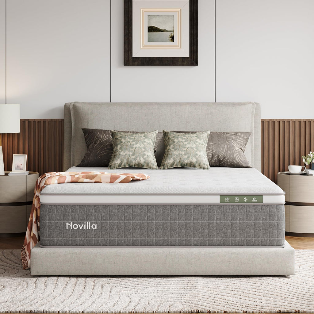 Novilla 14 Inch Queen Size Mattress,Hybrid Queen Mattress with Gel Memory Foam, Cool-to-Touch Nylon Blend & Pocketed Coils for Adaptive Body Support & Motion Isolation CertiPUR-US Certified