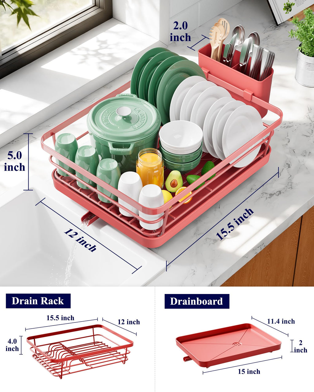Kitsure Dish Drying Rack for Kitchen Counter, Stainless Steel Sink Organization and Storage Essentials with Cutlery Holder, Home and Appartment Decor, 12''W x 15.5''L, Black