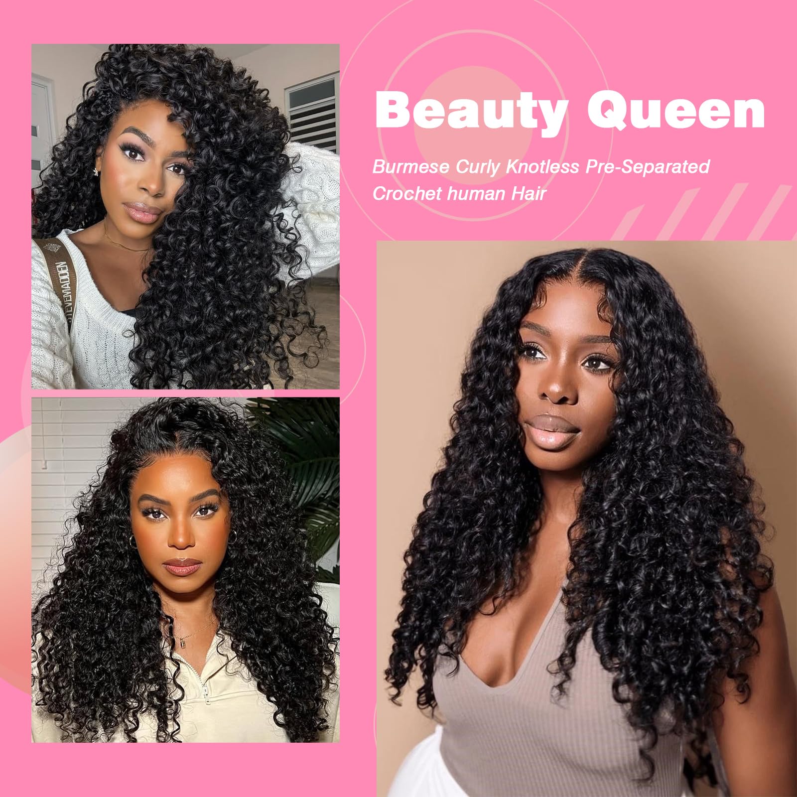 Beauty Queen Burmese Curly Crochet Human Hair 16inch 120g Knotless Pre-Separated Feather Human Crochet Hair Lightweight Reusable Remy Hair Extensions With Spiral Curl for Women Natural Black Color
