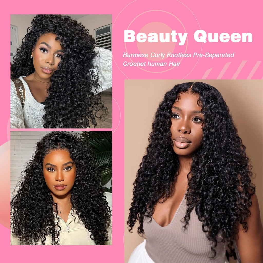 Beauty Queen Burmese Curly Crochet Human Hair 16inch 120g Knotless Pre-Separated Feather Human Crochet Hair Lightweight Reusable Remy Hair Extensions With Spiral Curl for Women Natural Black Color