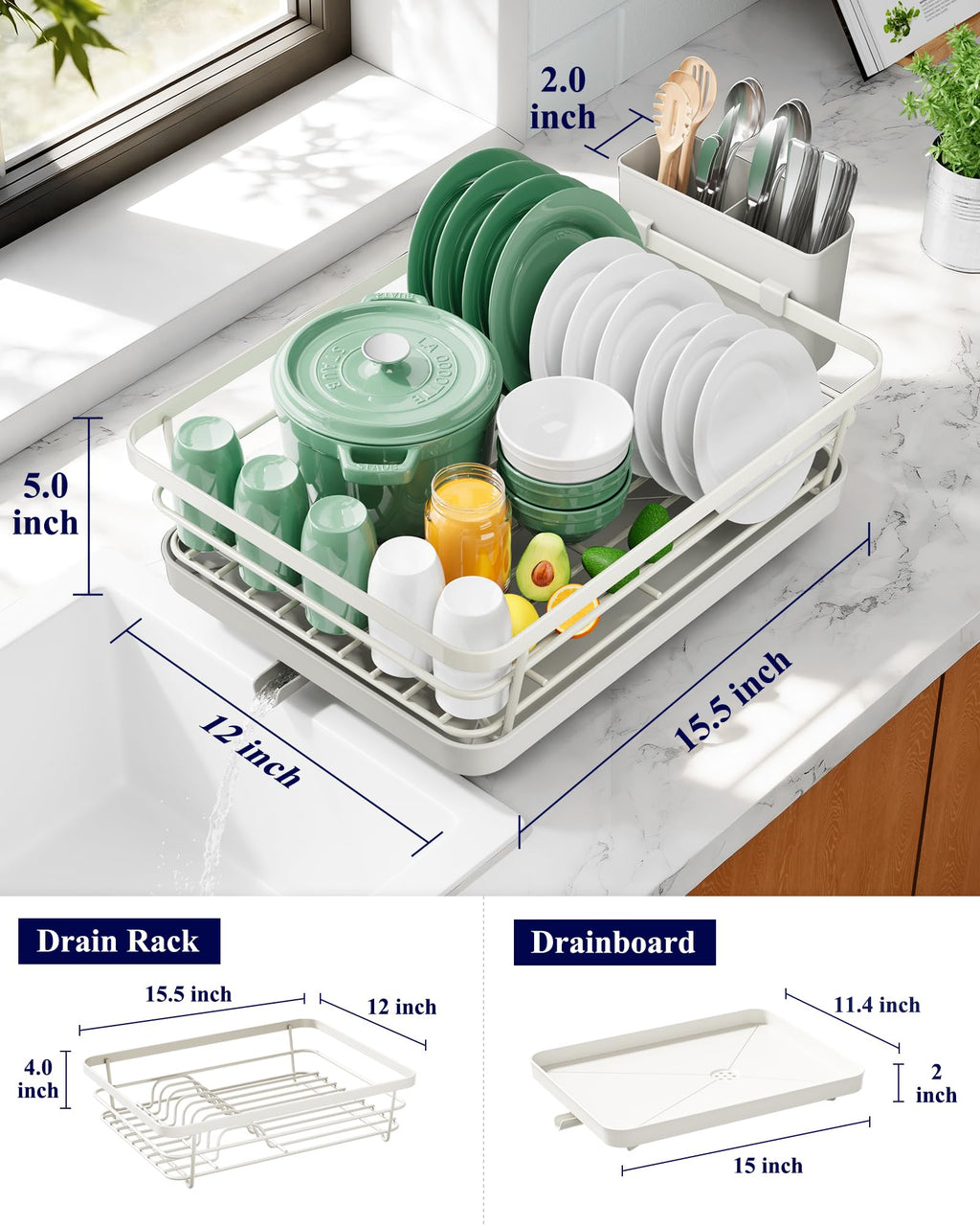 Kitsure Dish Drying Rack for Kitchen Counter, Stainless Steel Sink Organization and Storage Essentials with Cutlery Holder, Home and Appartment Decor, 12''W x 15.5''L, Black