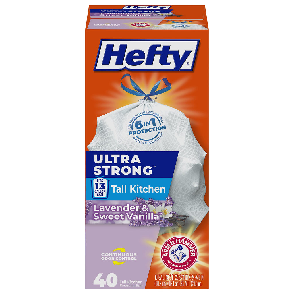 Hefty Ultra Strong 13 Gallon Trash Bags, Tall Kitchen, Drawstring Closure, Odor Control, White, Lavender, Sweet Vanilla, 80 Count