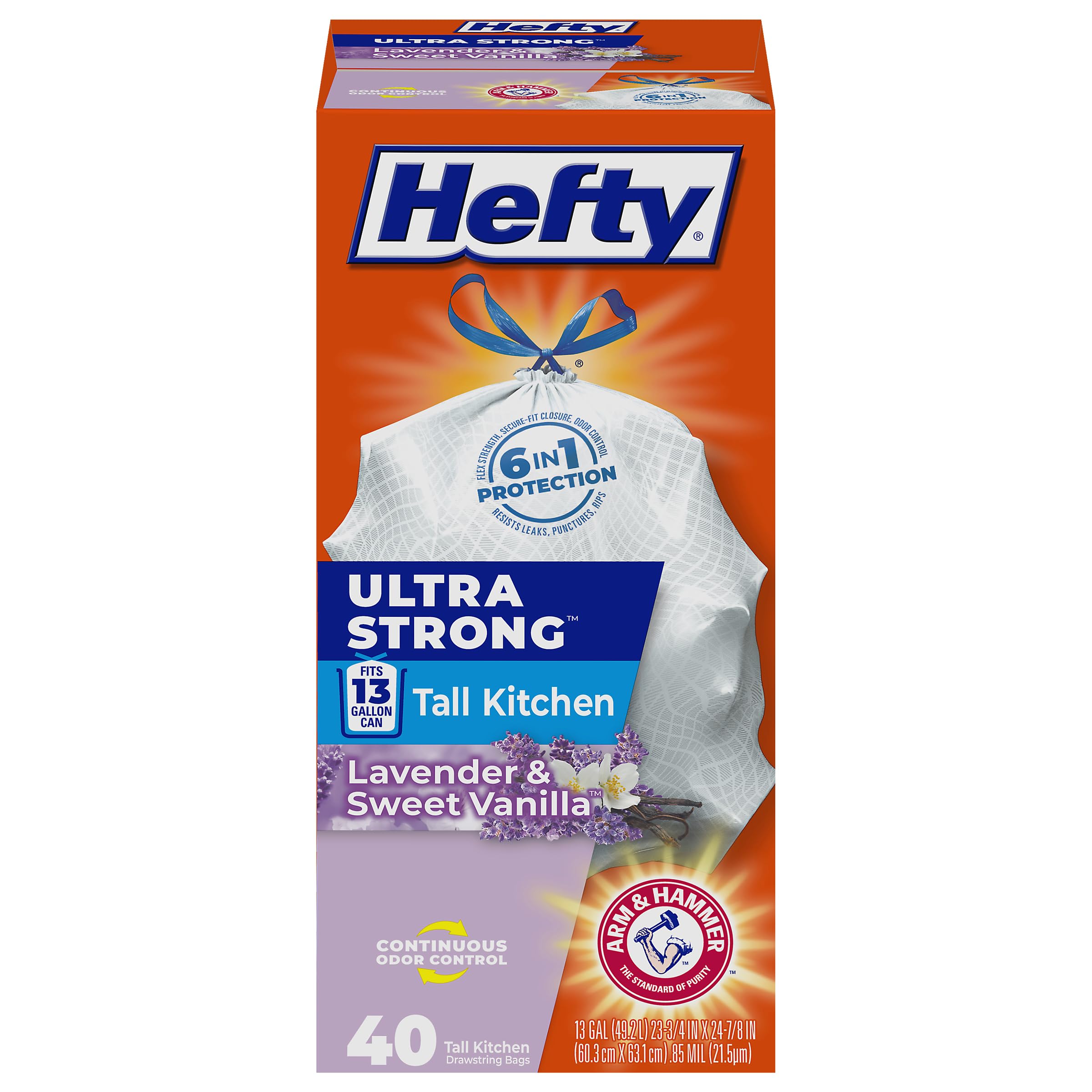 Hefty Ultra Strong 13 Gallon Trash Bags, Tall Kitchen, Drawstring Closure, Odor Control, White, Lavender, Sweet Vanilla, 80 Count