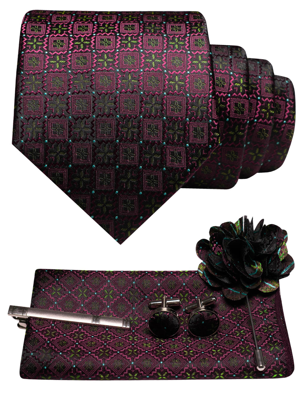 JEMYGINS Mens Tie and Pocket Square,Lapel Pin,Cufflinks,Tie Clip Sets with Gift Box 5PCS