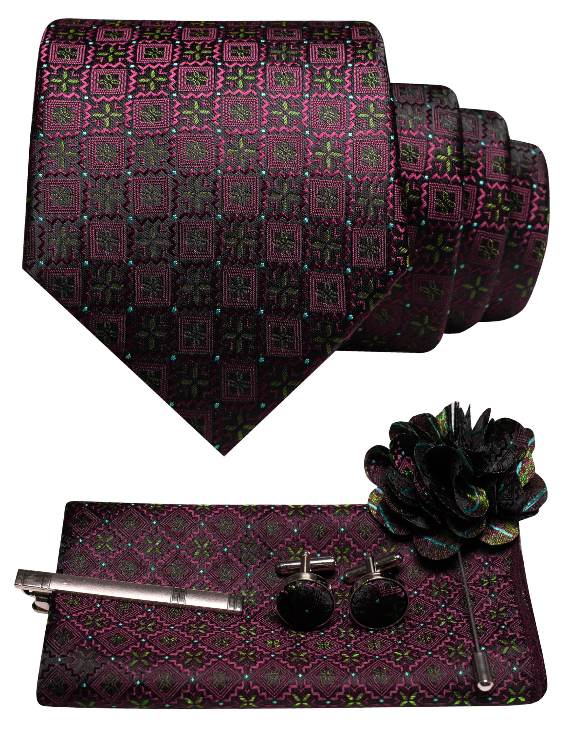 JEMYGINS Mens Tie and Pocket Square,Lapel Pin,Cufflinks,Tie Clip Sets with Gift Box 5PCS