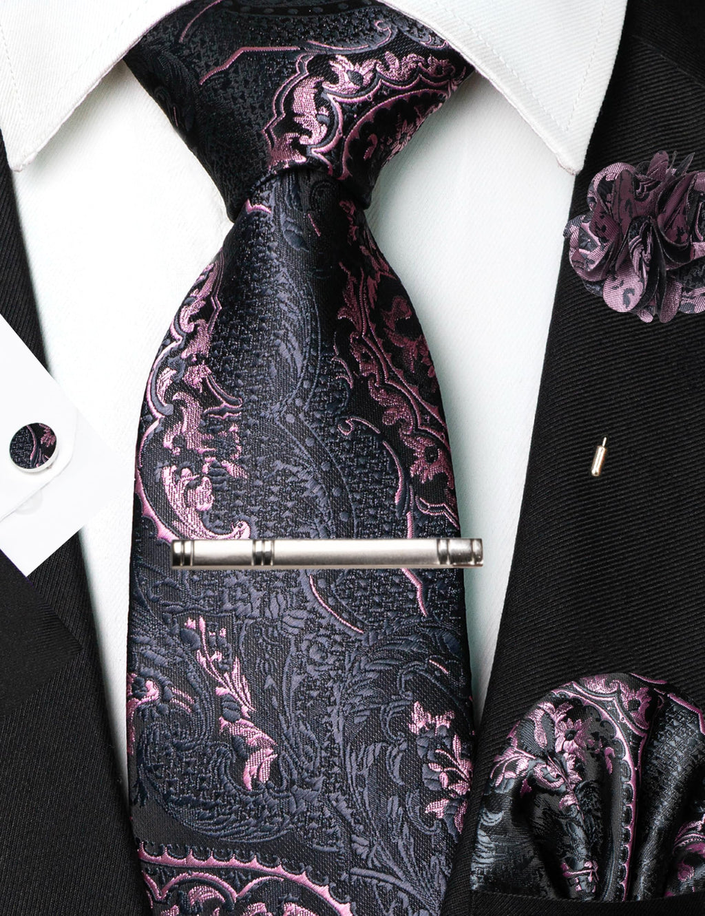 JEMYGINS Mens Tie and Pocket Square,Lapel Pin,Cufflinks,Tie Clip Sets with Gift Box 5PCS