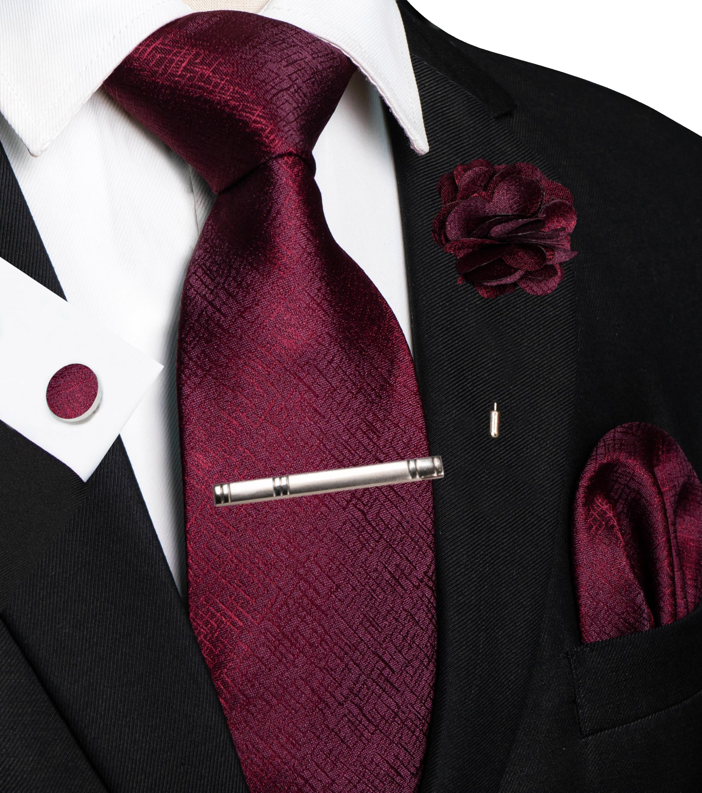 JEMYGINS Mens Tie and Pocket Square,Lapel Pin,Cufflinks,Tie Clip Sets with Gift Box 5PCS