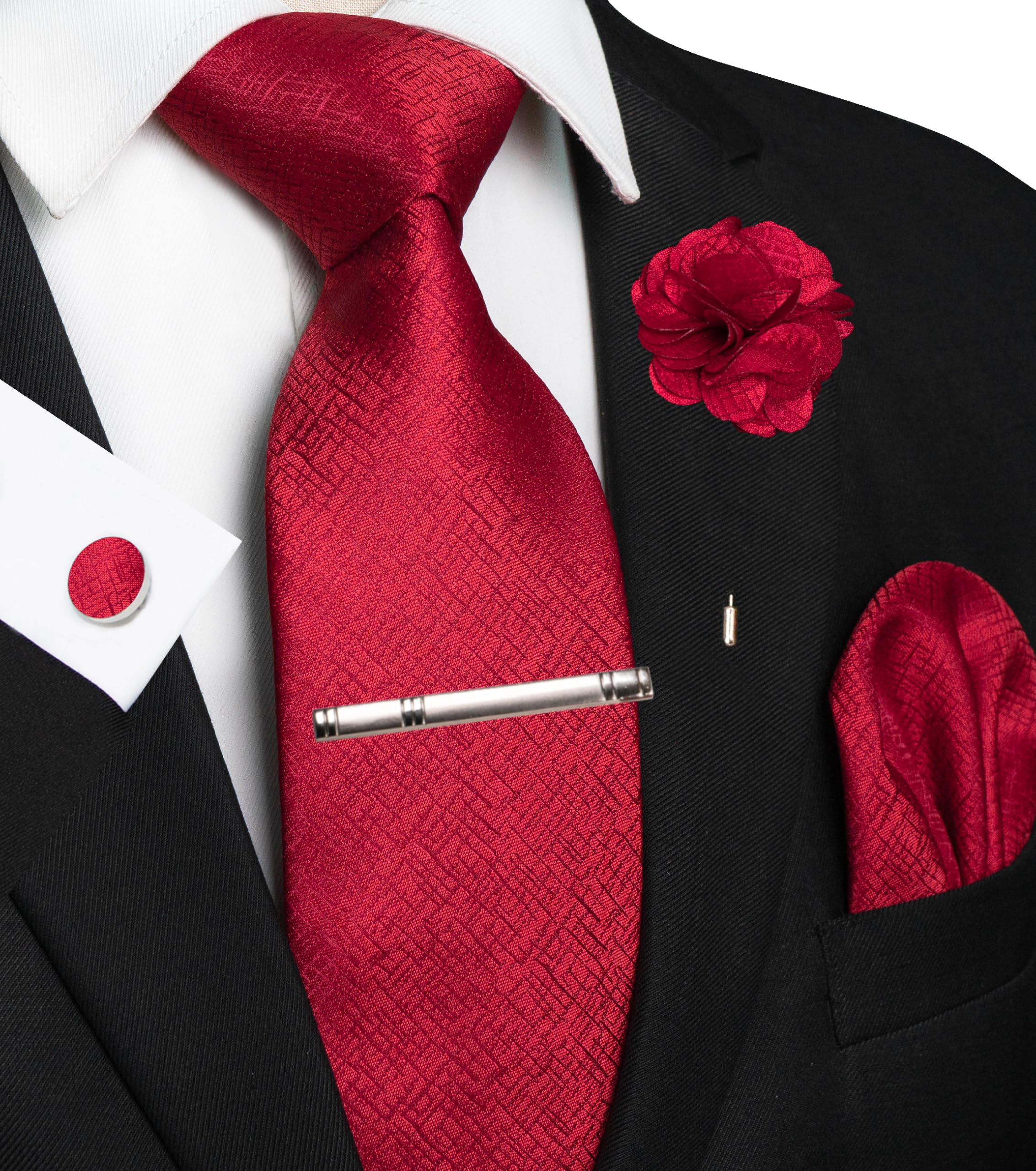 JEMYGINS Mens Tie and Pocket Square,Lapel Pin,Cufflinks,Tie Clip Sets with Gift Box 5PCS