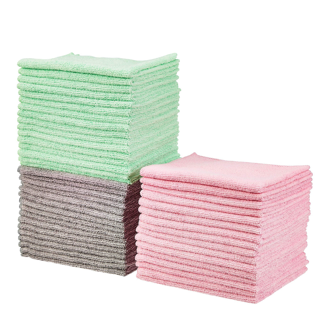Amazon Basics Microfiber Cleaning Cloths, Ultra Absorbent, Lint Free, Streak Free, Non-Abrasive, Reusable and Washable, 16" x 12", Blue/White/Yellow, Pack of 24