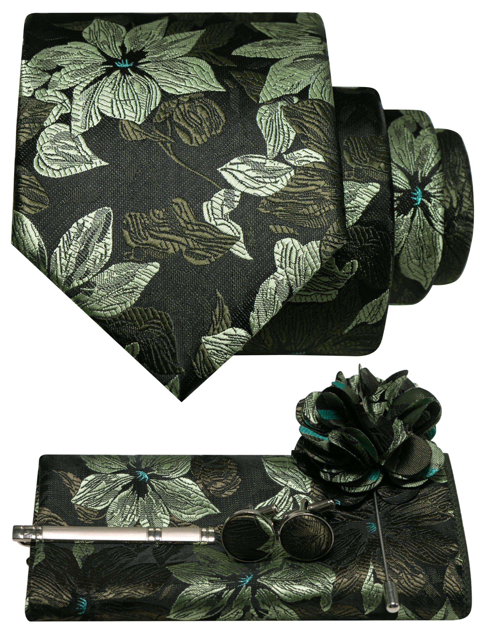 JEMYGINS Mens Tie and Pocket Square,Lapel Pin,Cufflinks,Tie Clip Sets with Gift Box 5PCS