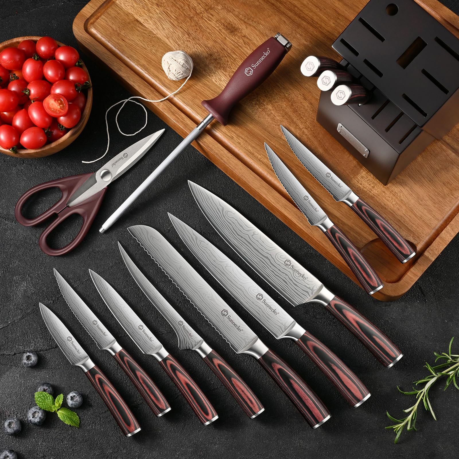 Sunnecko Knife Set with Block and Sharpener, 15 Piece Kitchen Knife Block Set Sharp Kitchen Knives High Carbon Stainless Steel with White Handles