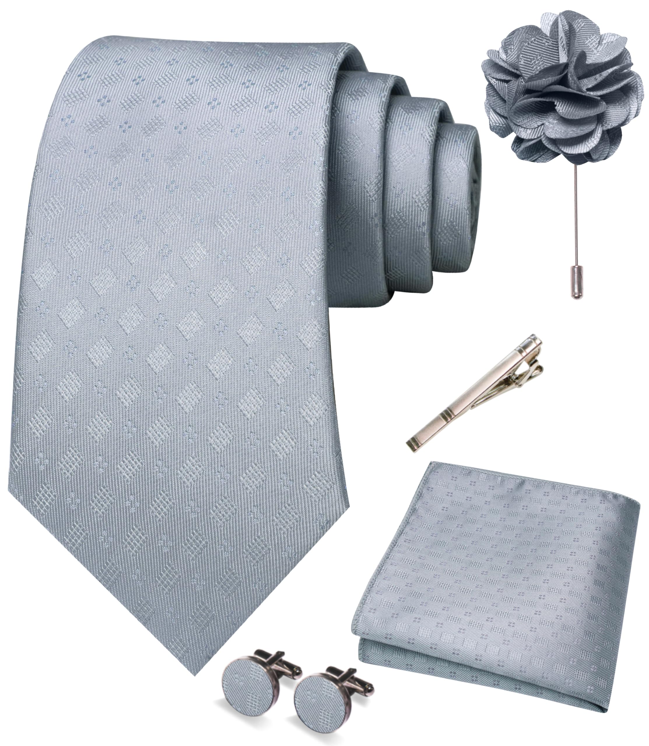 JEMYGINS Mens Tie and Pocket Square,Lapel Pin,Cufflinks,Tie Clip Sets with Gift Box 5PCS