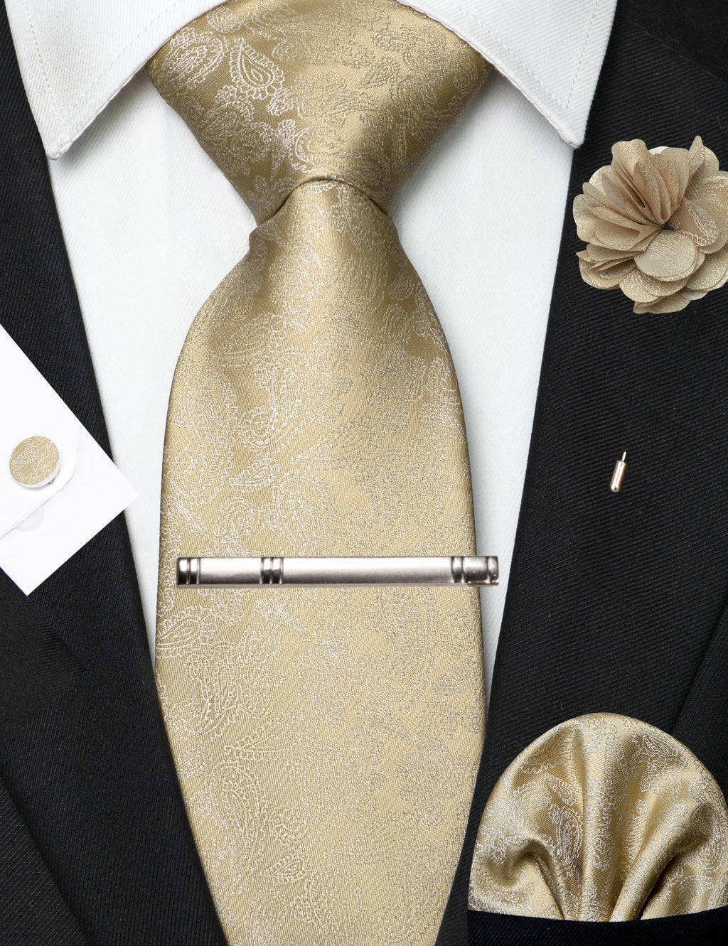 JEMYGINS Mens Tie and Pocket Square,Lapel Pin,Cufflinks,Tie Clip Sets with Gift Box 5PCS