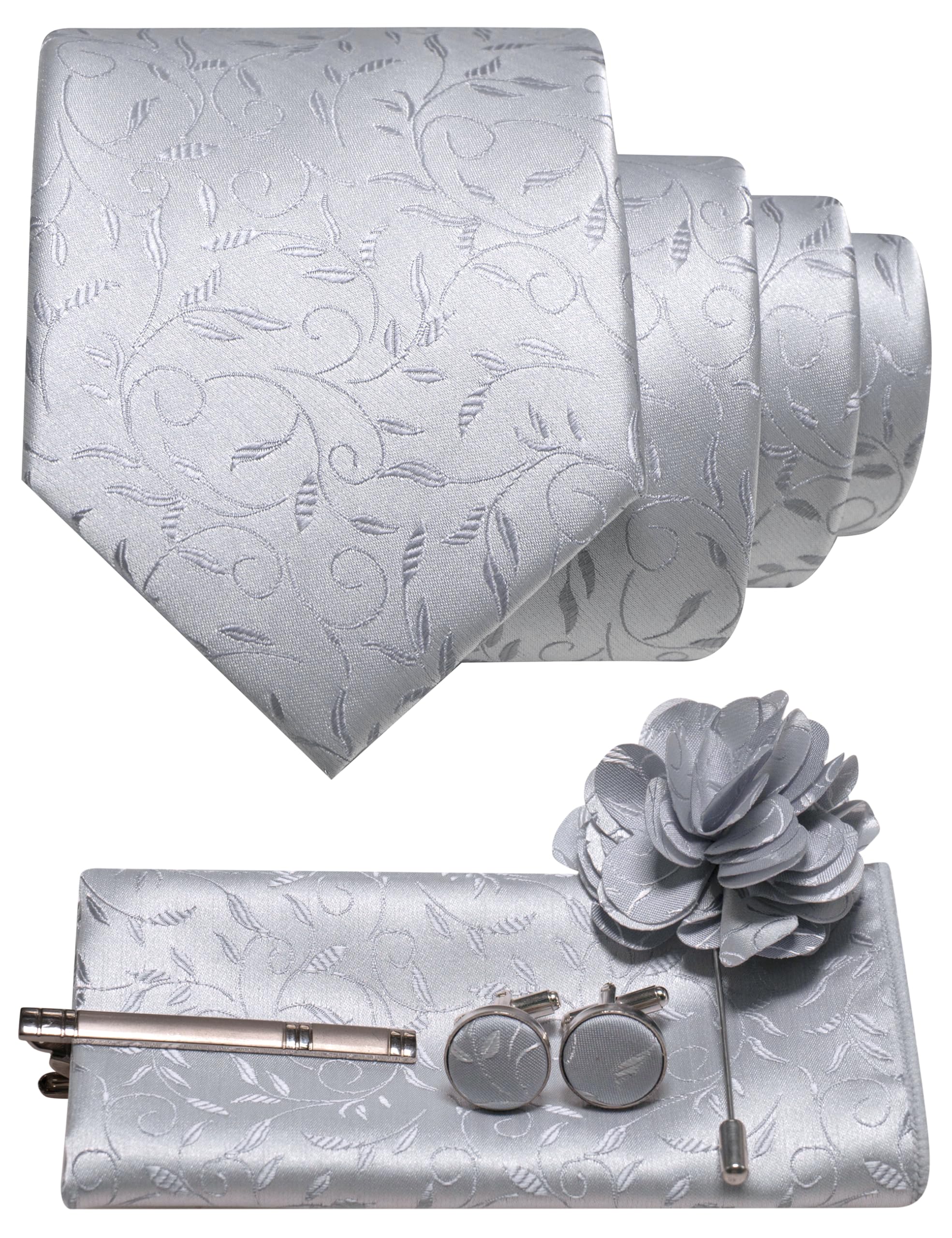 JEMYGINS Mens Tie and Pocket Square,Lapel Pin,Cufflinks,Tie Clip Sets with Gift Box 5PCS