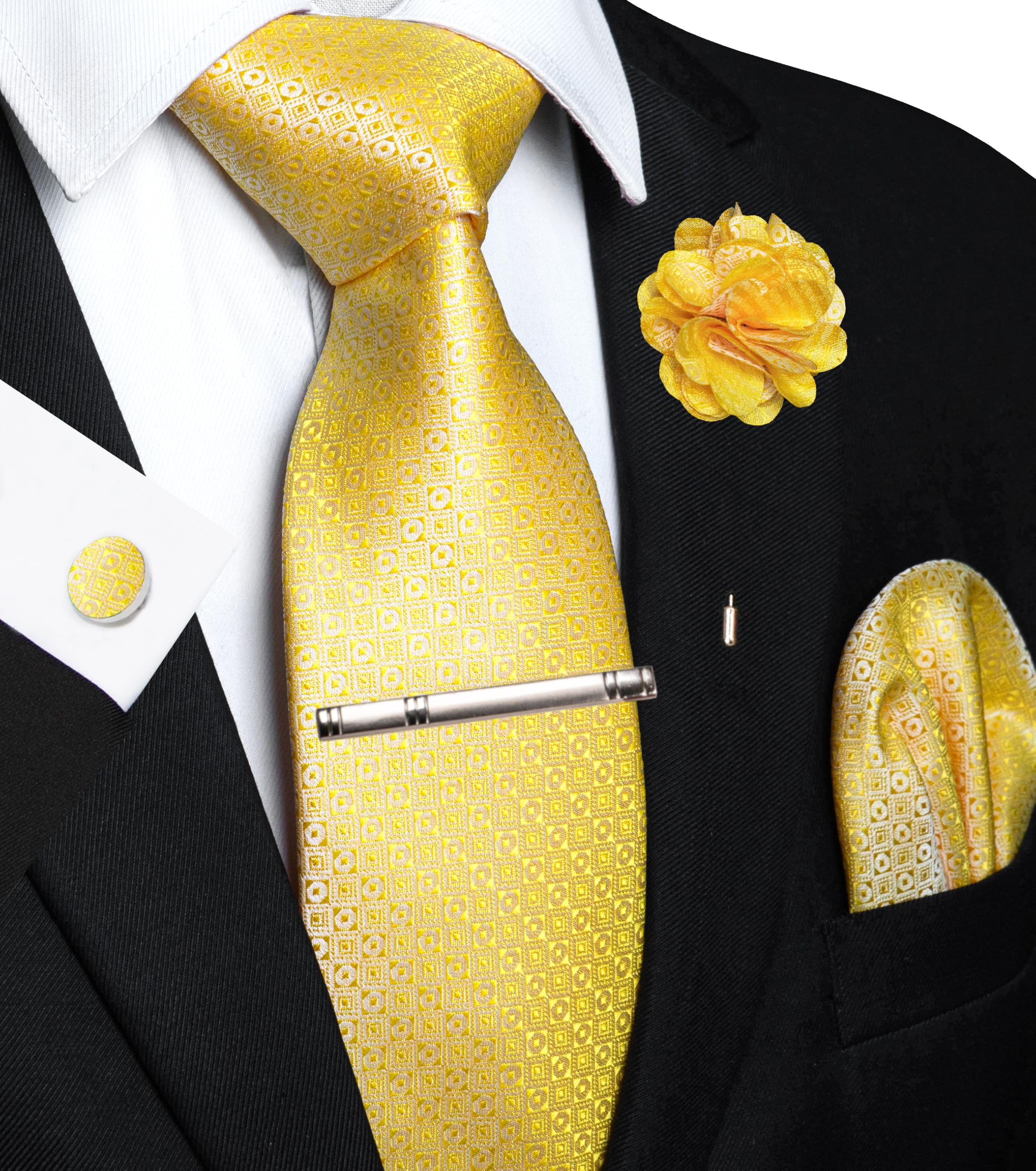 JEMYGINS Mens Tie and Pocket Square,Lapel Pin,Cufflinks,Tie Clip Sets with Gift Box 5PCS