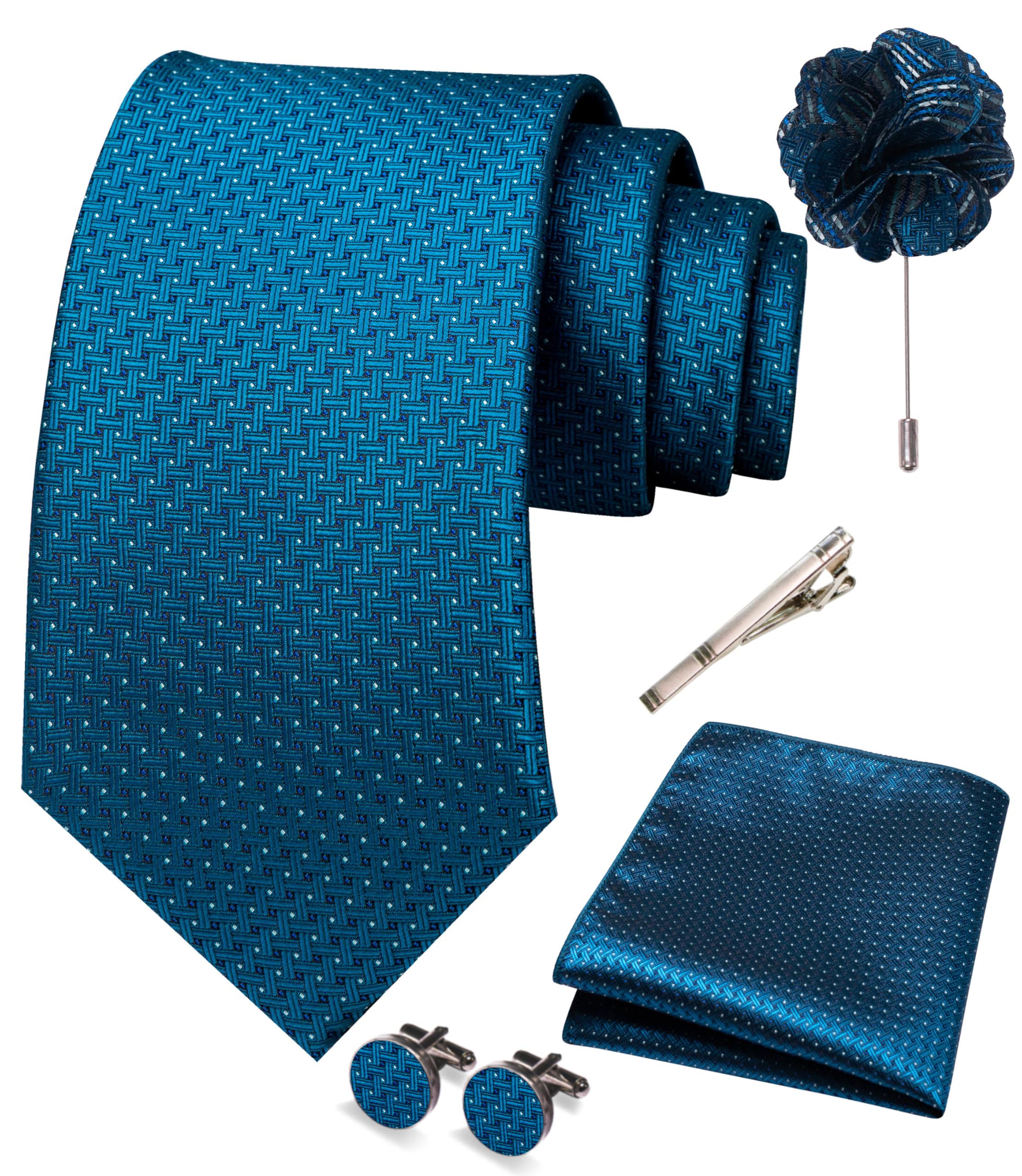 JEMYGINS Mens Tie and Pocket Square,Lapel Pin,Cufflinks,Tie Clip Sets with Gift Box 5PCS