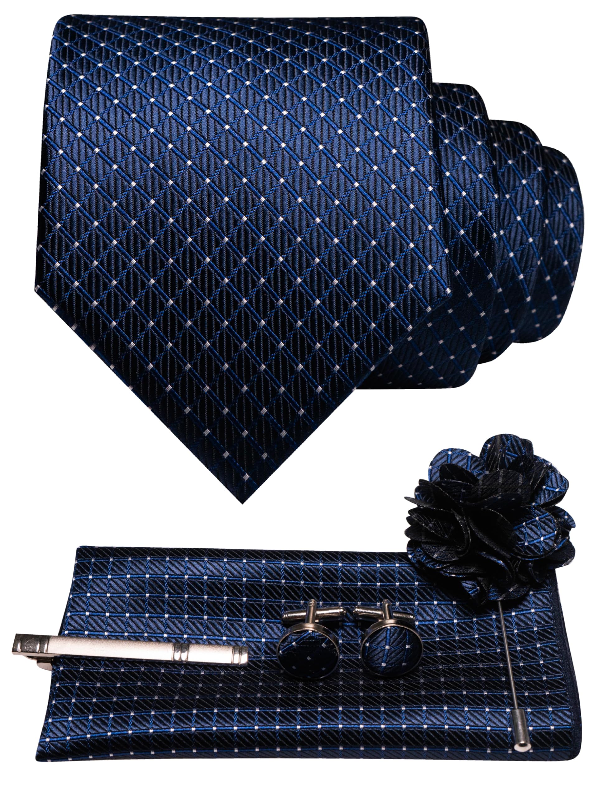 JEMYGINS Mens Tie and Pocket Square,Lapel Pin,Cufflinks,Tie Clip Sets with Gift Box 5PCS