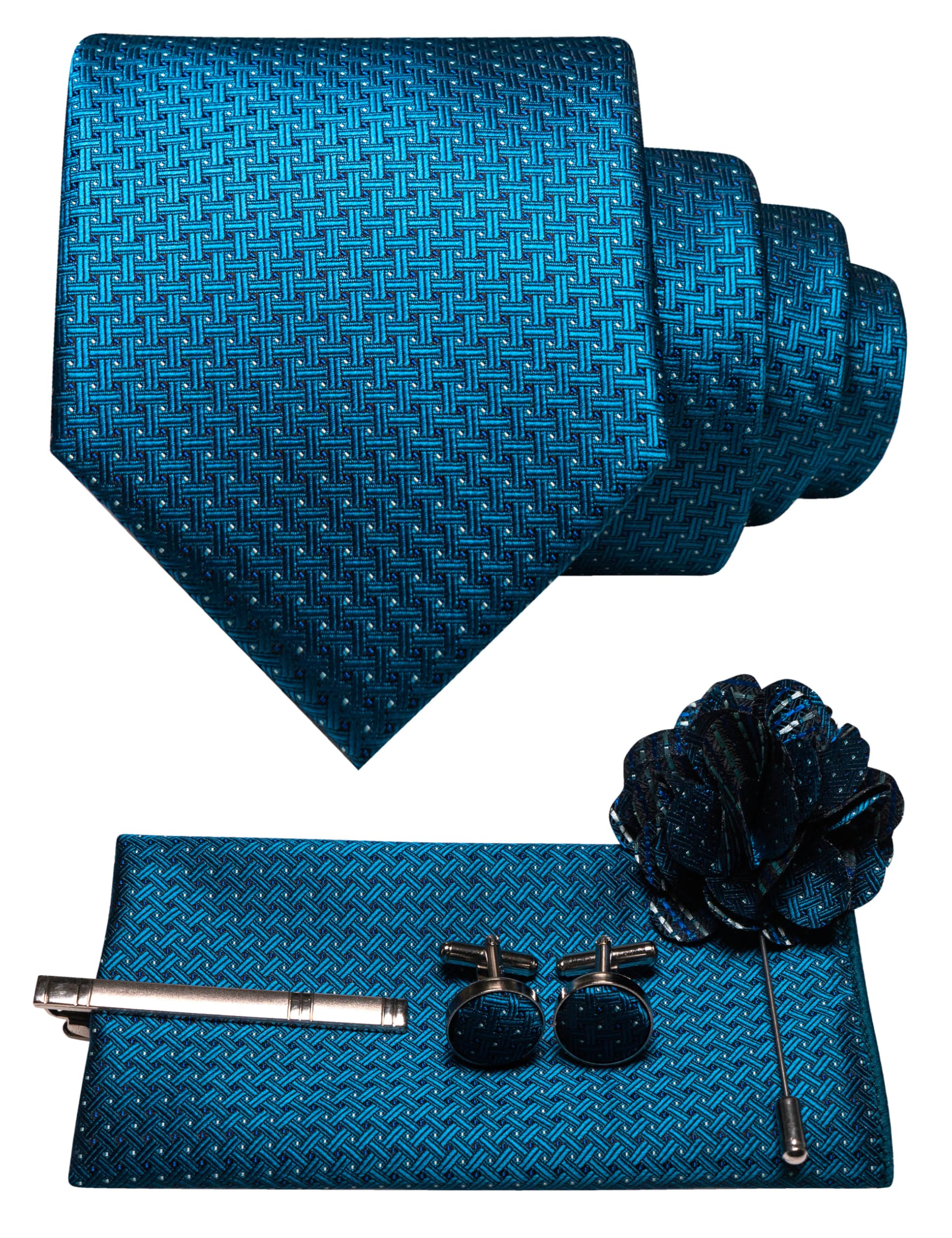 JEMYGINS Mens Tie and Pocket Square,Lapel Pin,Cufflinks,Tie Clip Sets with Gift Box 5PCS
