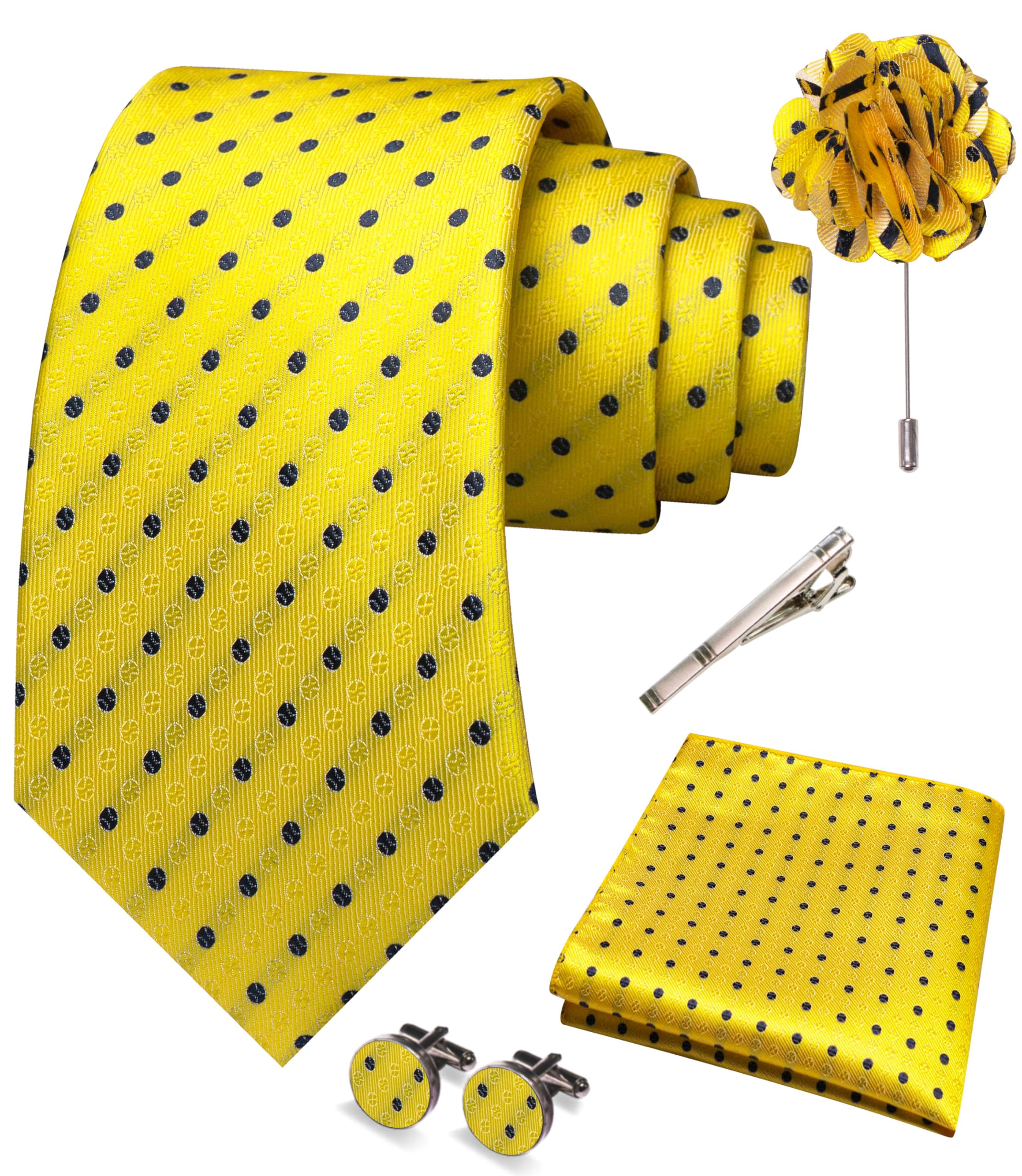 JEMYGINS Mens Tie and Pocket Square,Lapel Pin,Cufflinks,Tie Clip Sets with Gift Box 5PCS