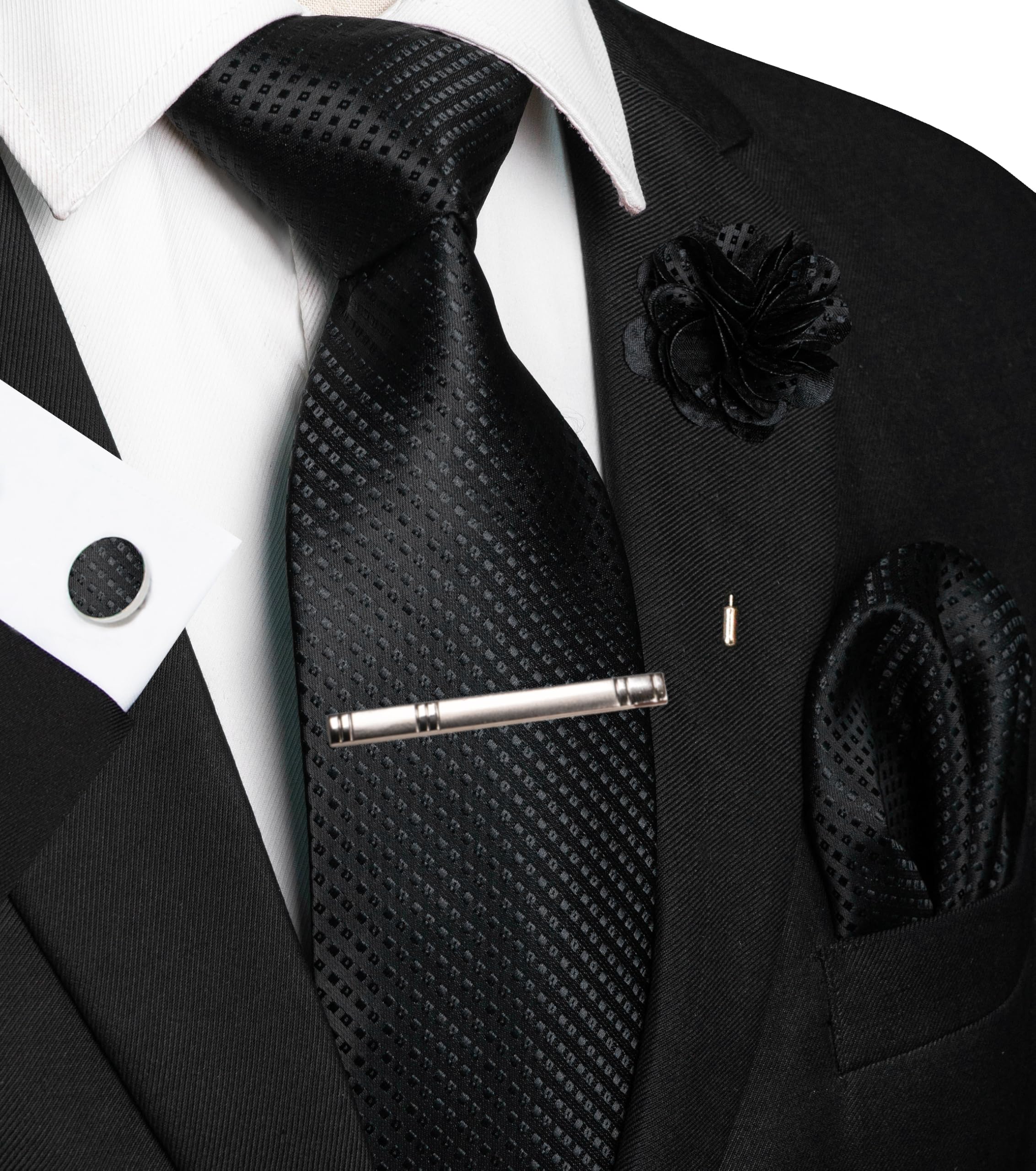 JEMYGINS Mens Tie and Pocket Square,Lapel Pin,Cufflinks,Tie Clip Sets with Gift Box 5PCS