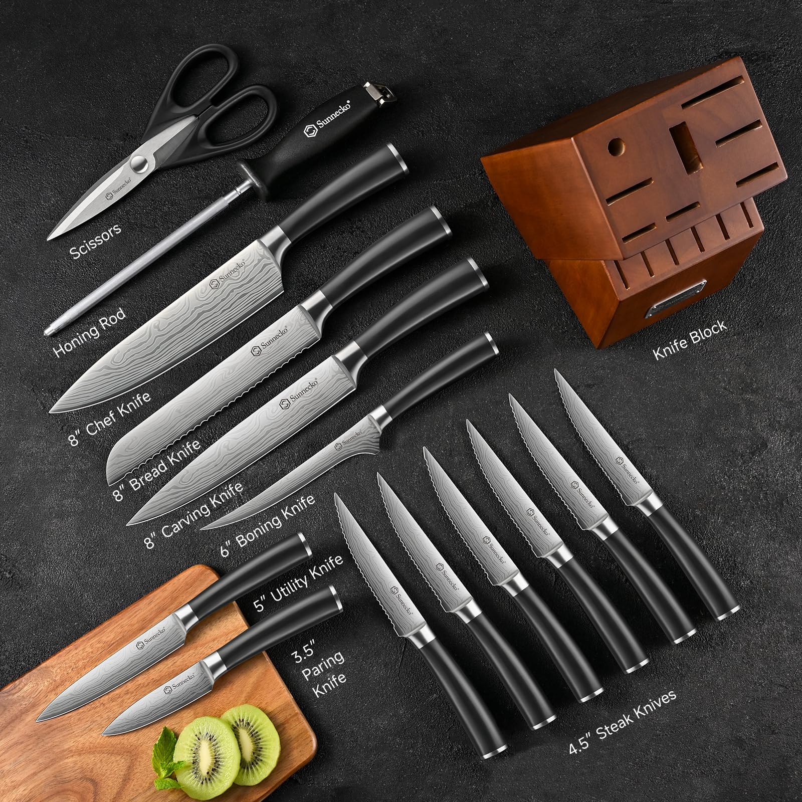 Sunnecko Knife Set with Block and Sharpener, 15 Piece Kitchen Knife Block Set Sharp Kitchen Knives High Carbon Stainless Steel with White Handles