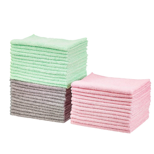 Amazon Basics Microfiber Cleaning Cloths, Ultra Absorbent, Lint Free, Streak Free, Non-Abrasive, Reusable and Washable, 16" x 12", Blue/White/Yellow, Pack of 24