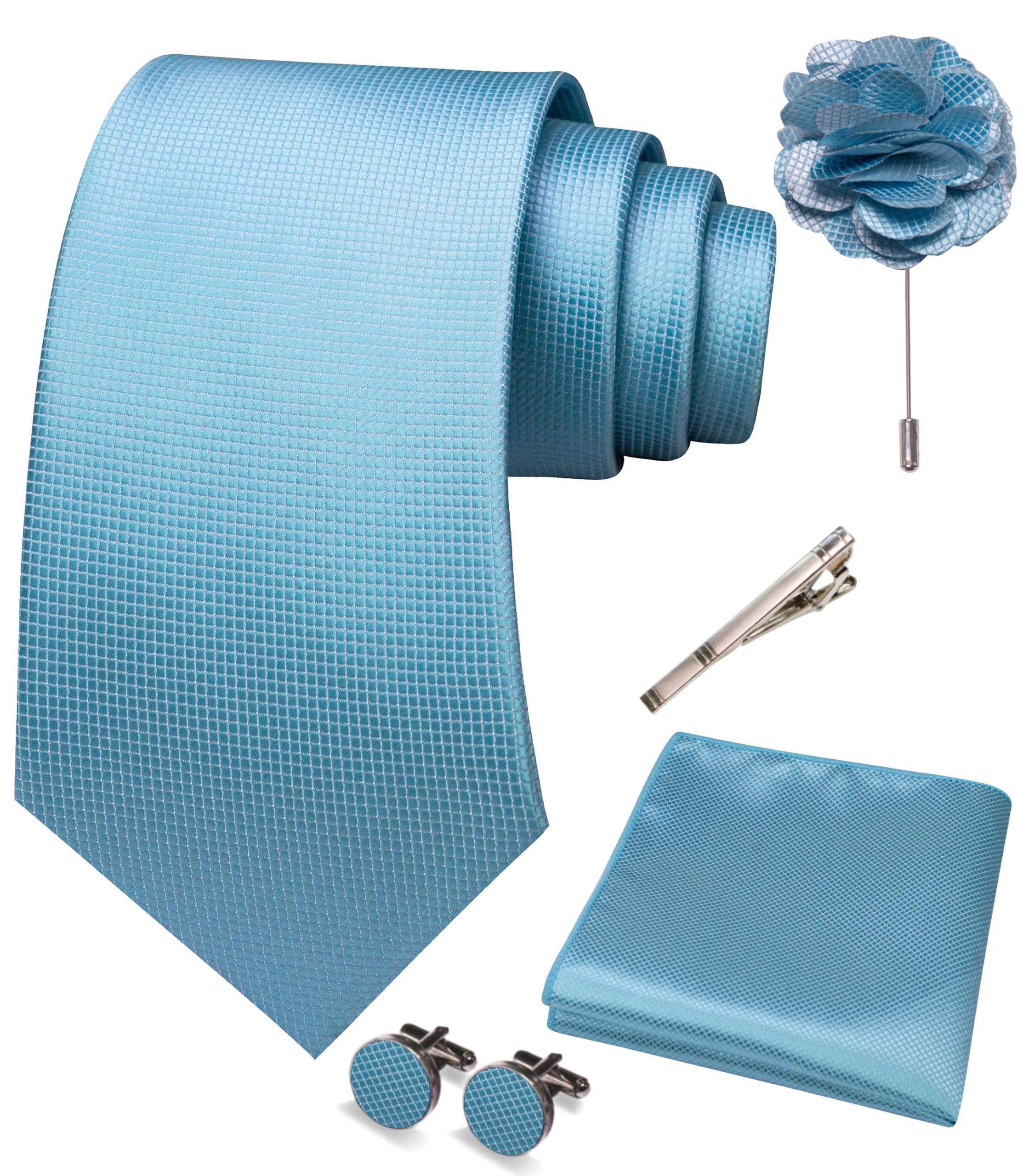 JEMYGINS Mens Tie and Pocket Square,Lapel Pin,Cufflinks,Tie Clip Sets with Gift Box 5PCS