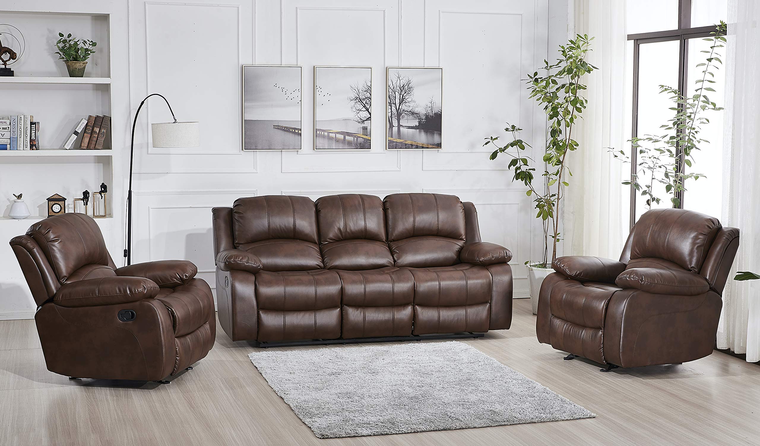Betsy Furniture 3PC Faux Leather Reclining Couch Set, Living Room Furniture Set, Sofa, Loveseat, Glider, 8018 Multiple Colors (Gray, Sofa+Loveseat+Chair) | 8018