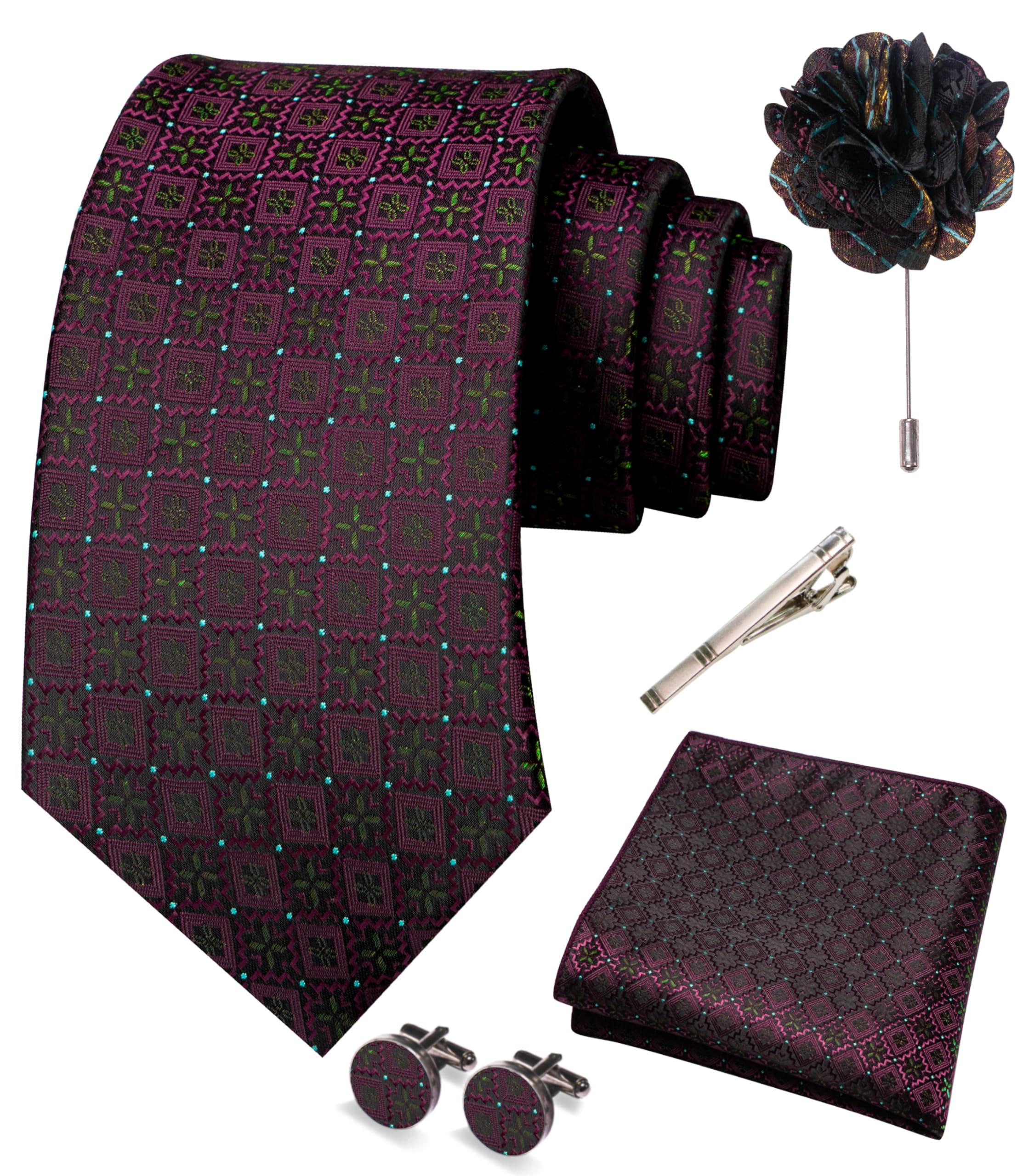 JEMYGINS Mens Tie and Pocket Square,Lapel Pin,Cufflinks,Tie Clip Sets with Gift Box 5PCS