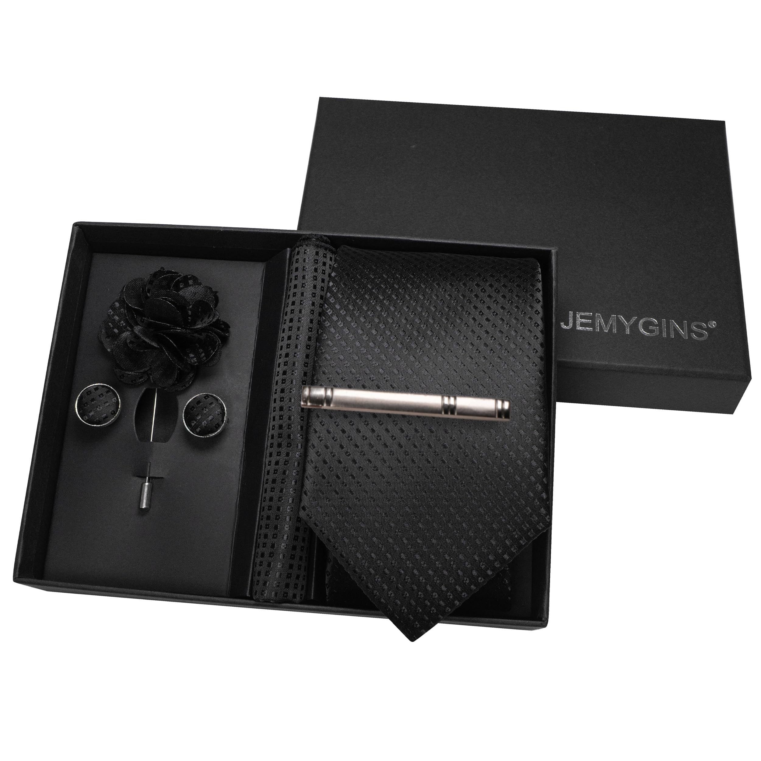 JEMYGINS Mens Tie and Pocket Square,Lapel Pin,Cufflinks,Tie Clip Sets with Gift Box 5PCS