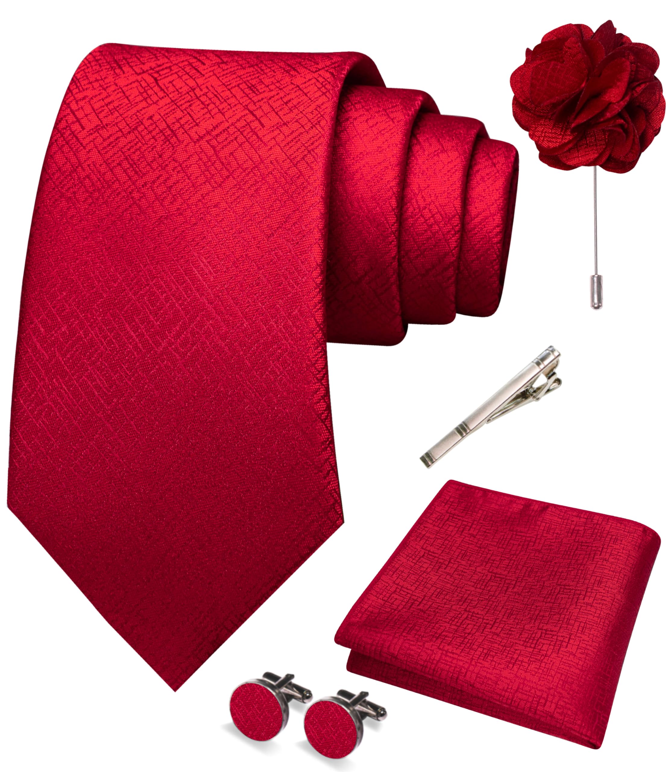 JEMYGINS Mens Tie and Pocket Square,Lapel Pin,Cufflinks,Tie Clip Sets with Gift Box 5PCS