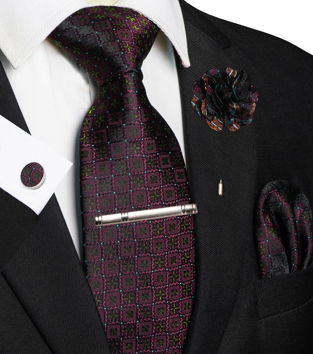 JEMYGINS Mens Tie and Pocket Square,Lapel Pin,Cufflinks,Tie Clip Sets with Gift Box 5PCS