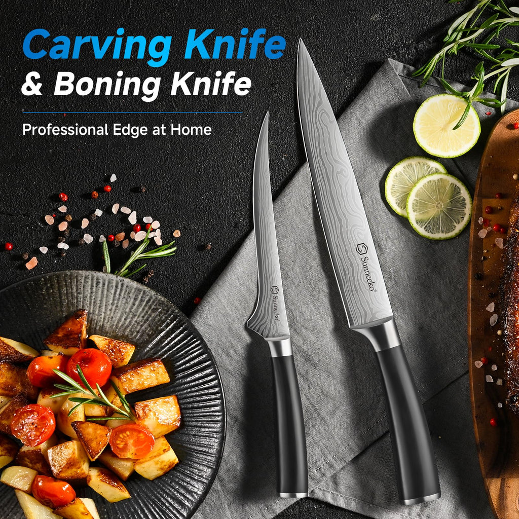 Sunnecko Knife Set with Block and Sharpener, 15 Piece Kitchen Knife Block Set Sharp Kitchen Knives High Carbon Stainless Steel with White Handles