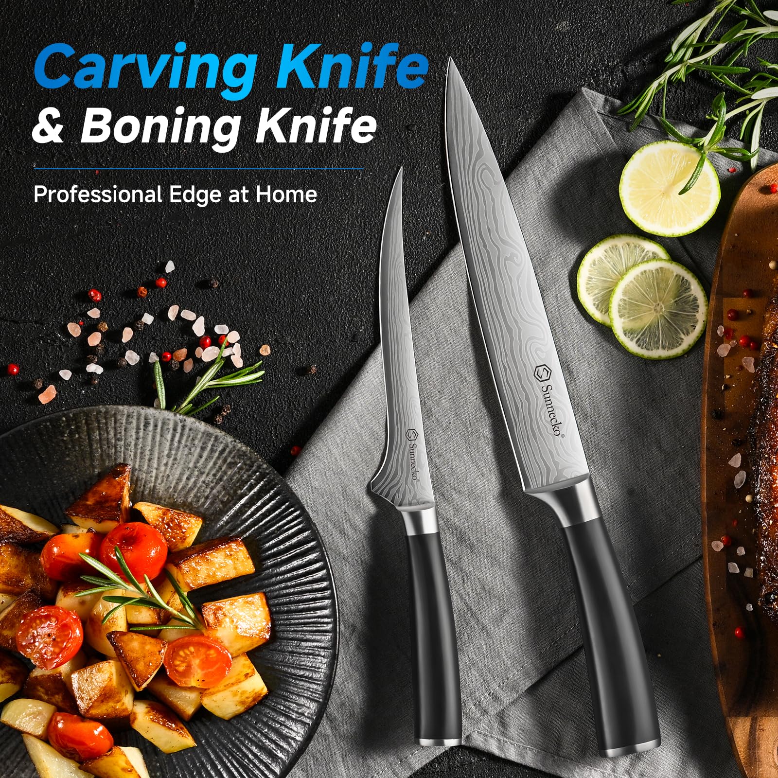 Sunnecko Knife Set with Block and Sharpener, 15 Piece Kitchen Knife Block Set Sharp Kitchen Knives High Carbon Stainless Steel with White Handles