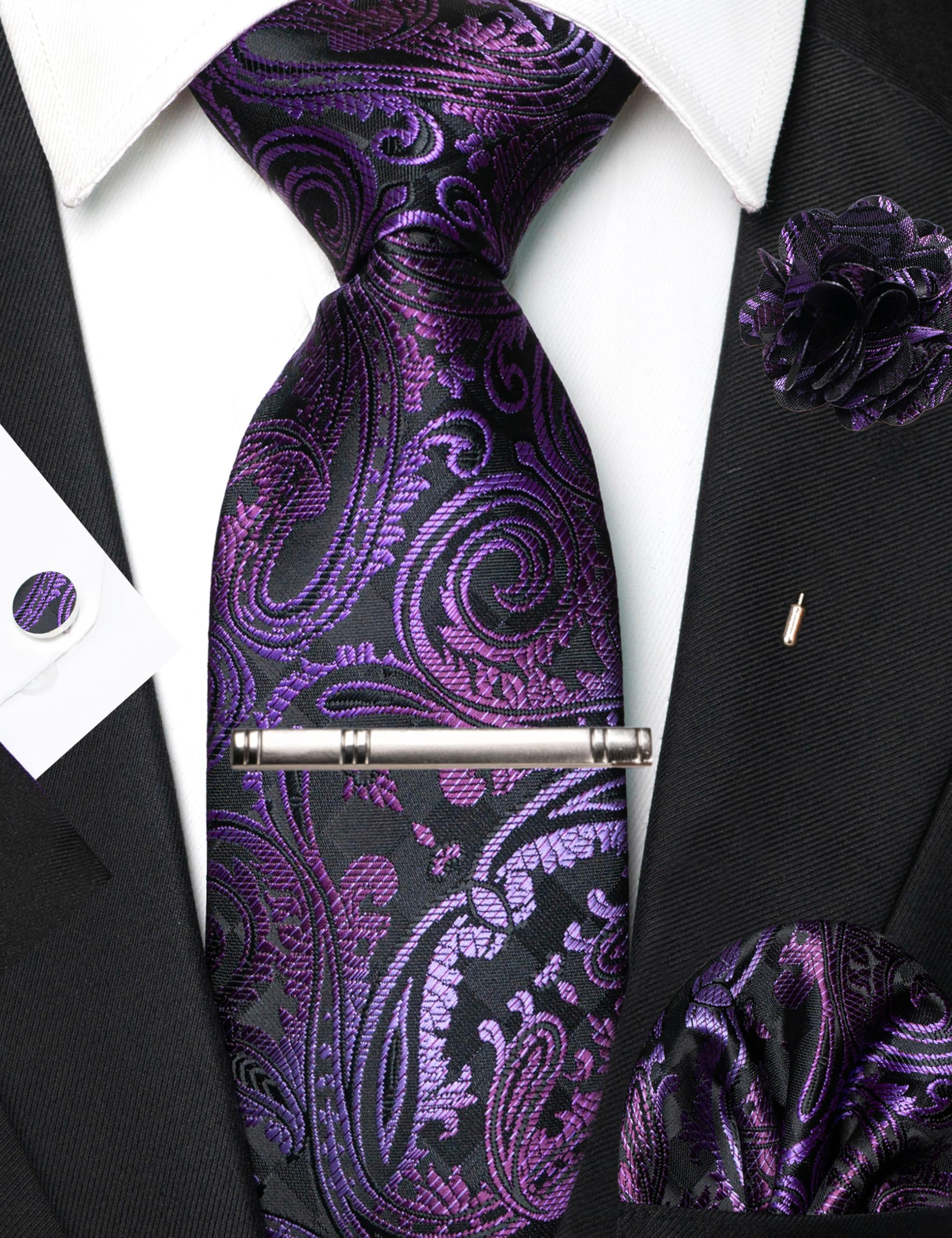 JEMYGINS Mens Tie and Pocket Square,Lapel Pin,Cufflinks,Tie Clip Sets with Gift Box 5PCS