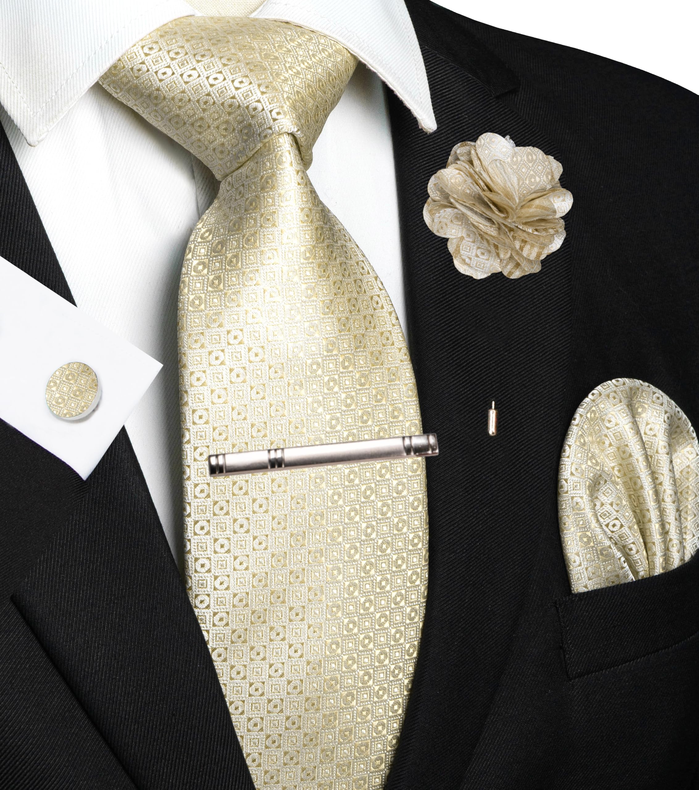JEMYGINS Mens Tie and Pocket Square,Lapel Pin,Cufflinks,Tie Clip Sets with Gift Box 5PCS