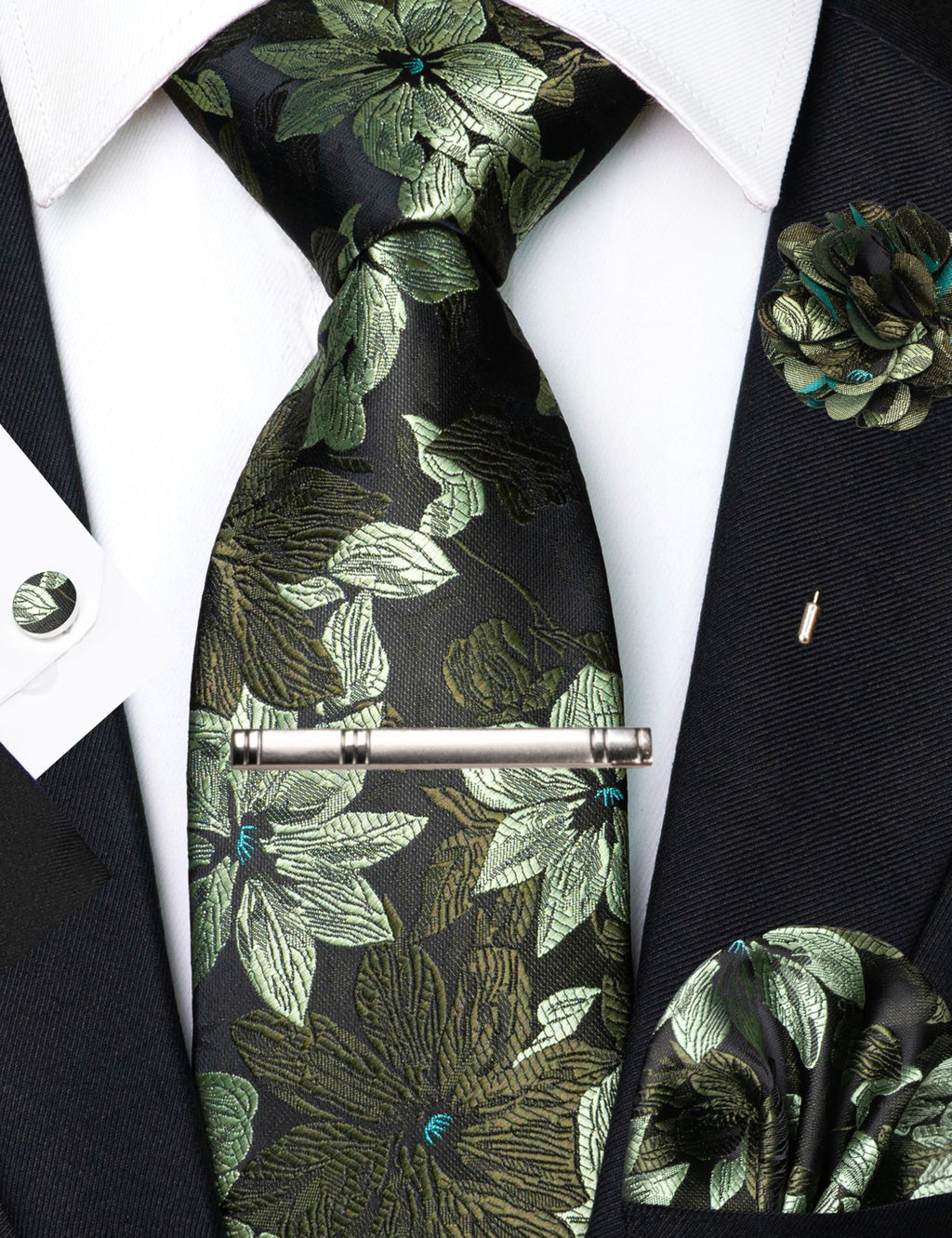 JEMYGINS Mens Tie and Pocket Square,Lapel Pin,Cufflinks,Tie Clip Sets with Gift Box 5PCS