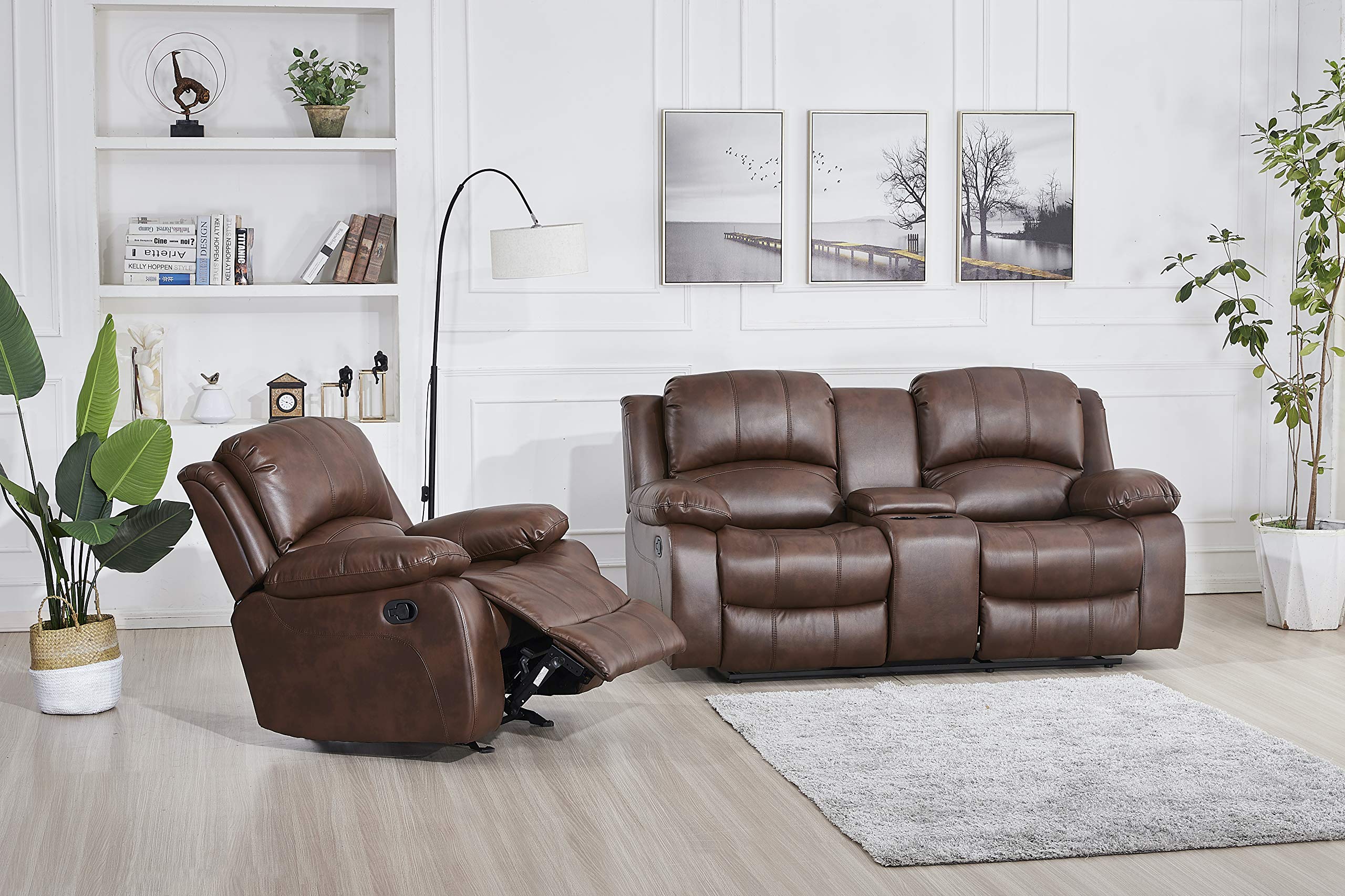 Betsy Furniture 3PC Faux Leather Reclining Couch Set, Living Room Furniture Set, Sofa, Loveseat, Glider, 8018 Multiple Colors (Gray, Sofa+Loveseat+Chair) | 8018