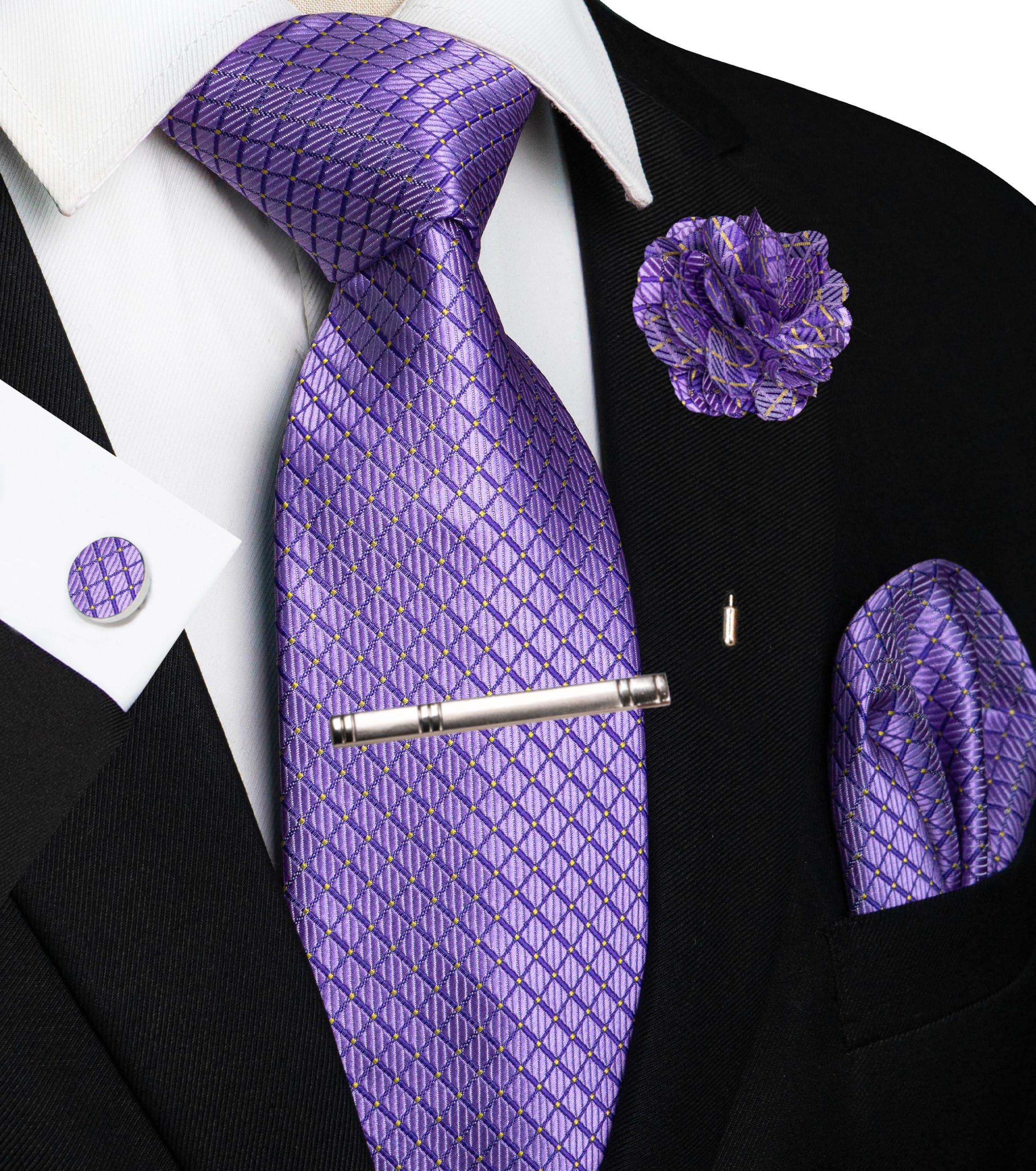 JEMYGINS Mens Tie and Pocket Square,Lapel Pin,Cufflinks,Tie Clip Sets with Gift Box 5PCS