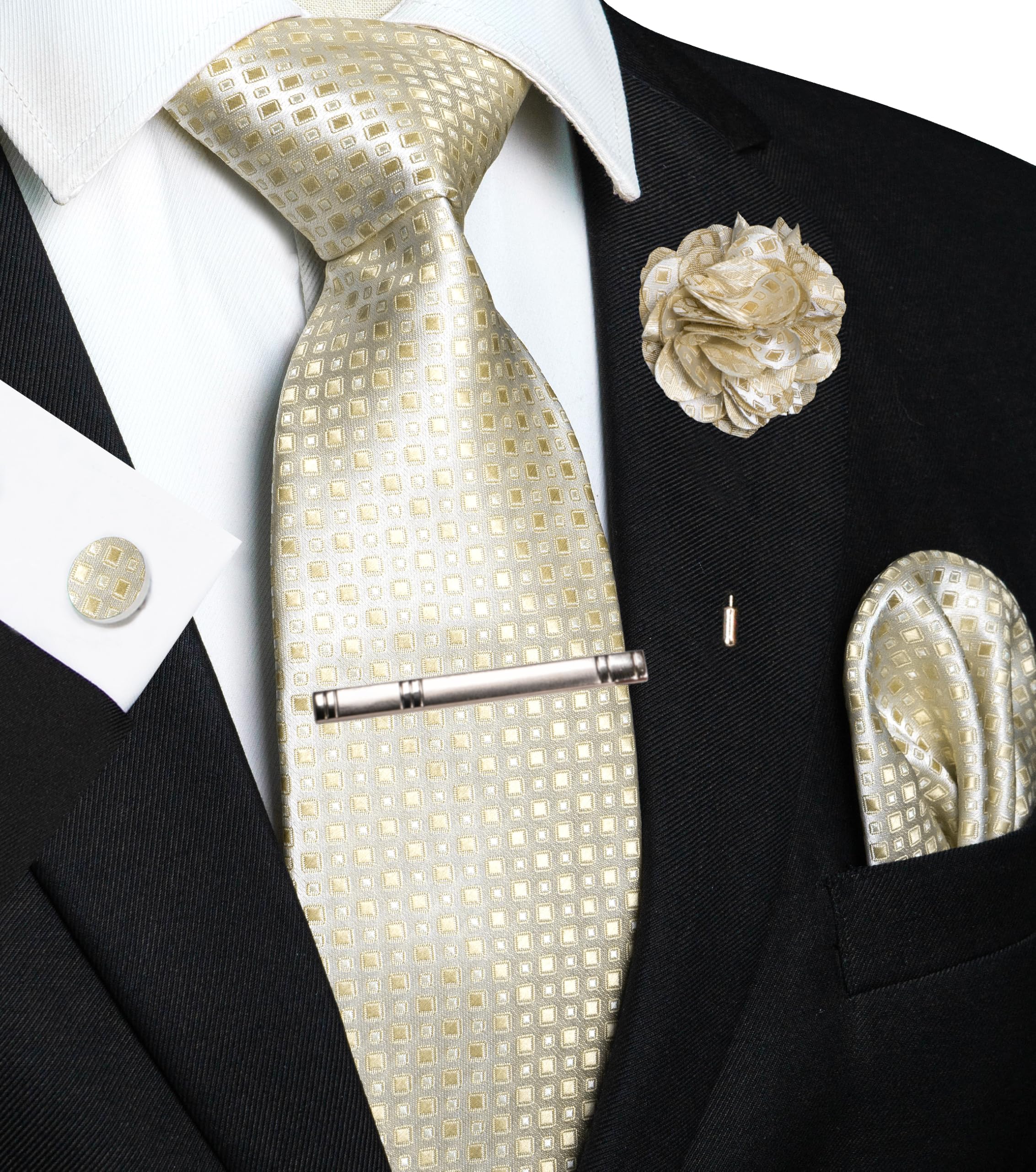 JEMYGINS Mens Tie and Pocket Square,Lapel Pin,Cufflinks,Tie Clip Sets with Gift Box 5PCS