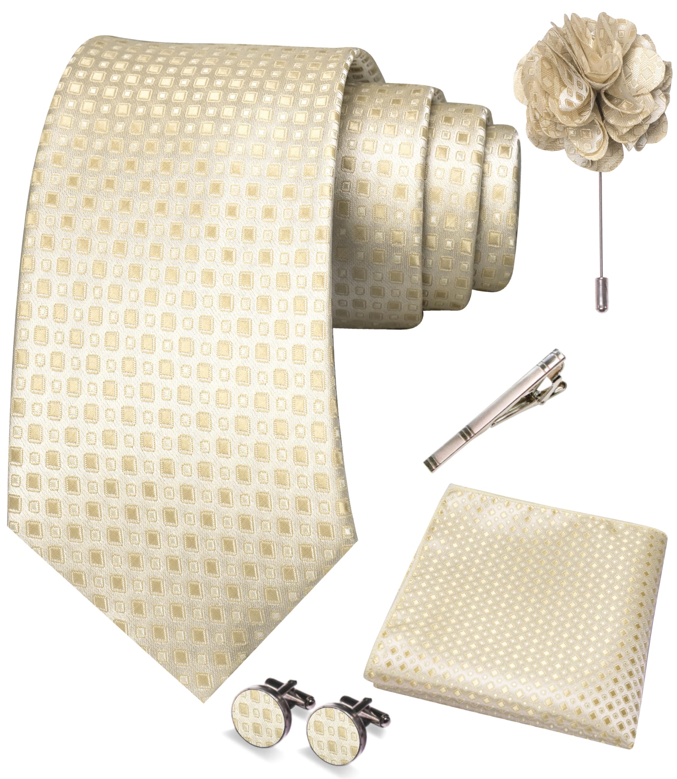 JEMYGINS Mens Tie and Pocket Square,Lapel Pin,Cufflinks,Tie Clip Sets with Gift Box 5PCS