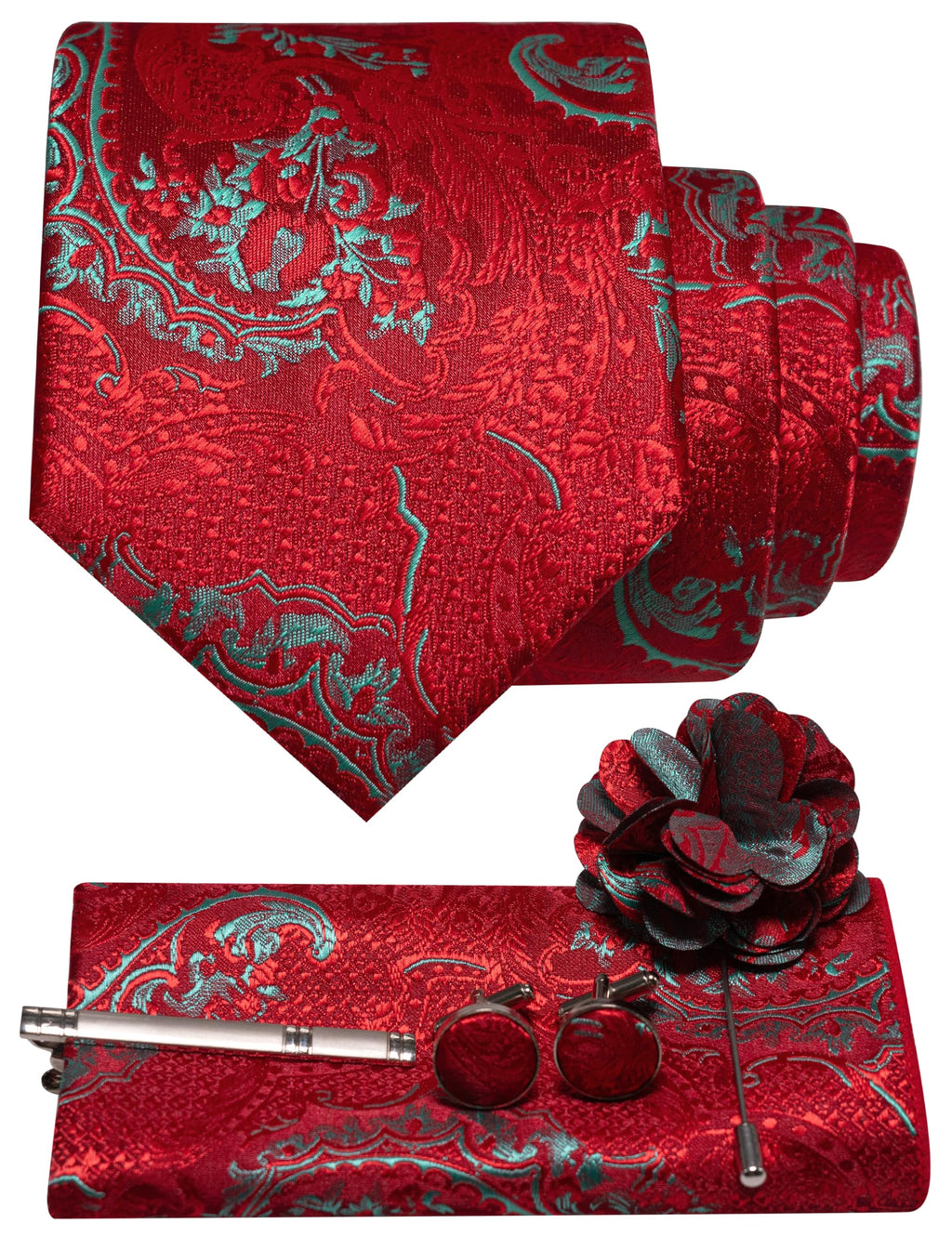 JEMYGINS Mens Tie and Pocket Square,Lapel Pin,Cufflinks,Tie Clip Sets with Gift Box 5PCS
