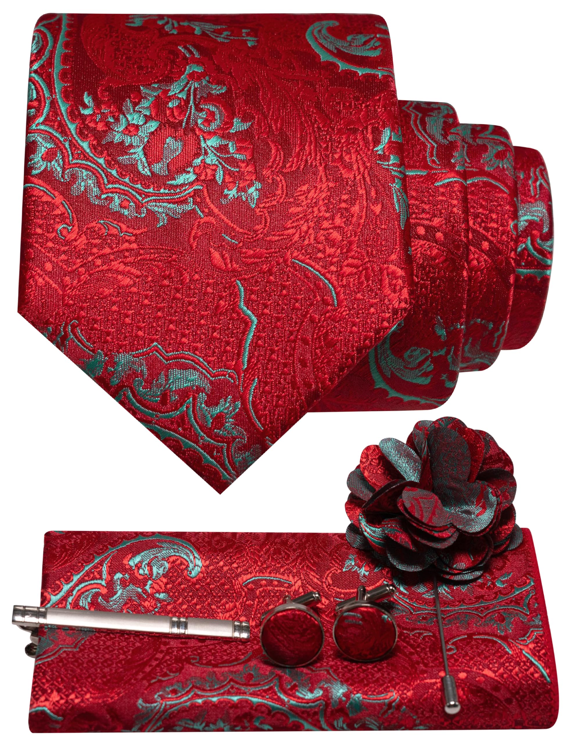 JEMYGINS Mens Tie and Pocket Square,Lapel Pin,Cufflinks,Tie Clip Sets with Gift Box 5PCS