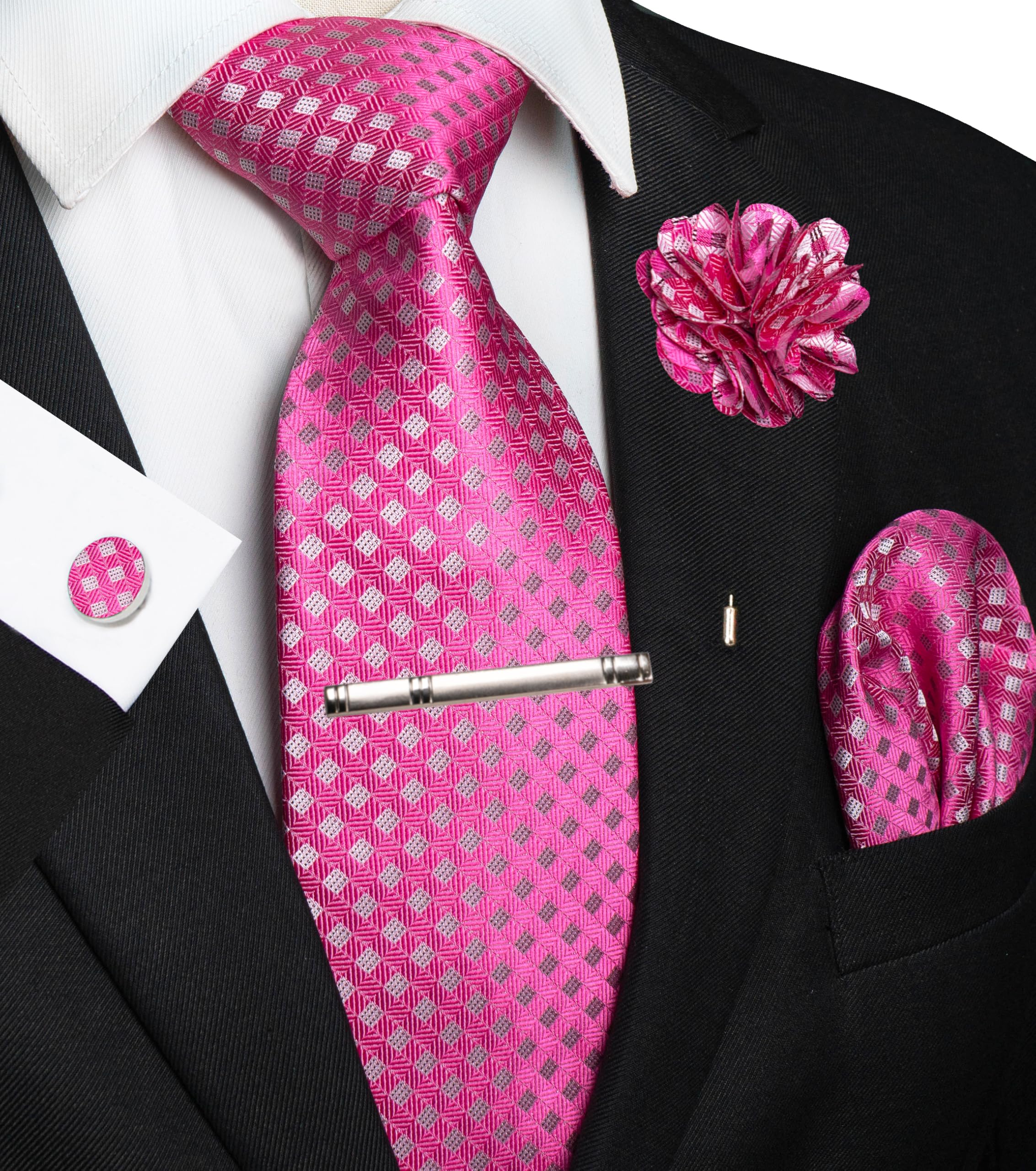JEMYGINS Mens Tie and Pocket Square,Lapel Pin,Cufflinks,Tie Clip Sets with Gift Box 5PCS