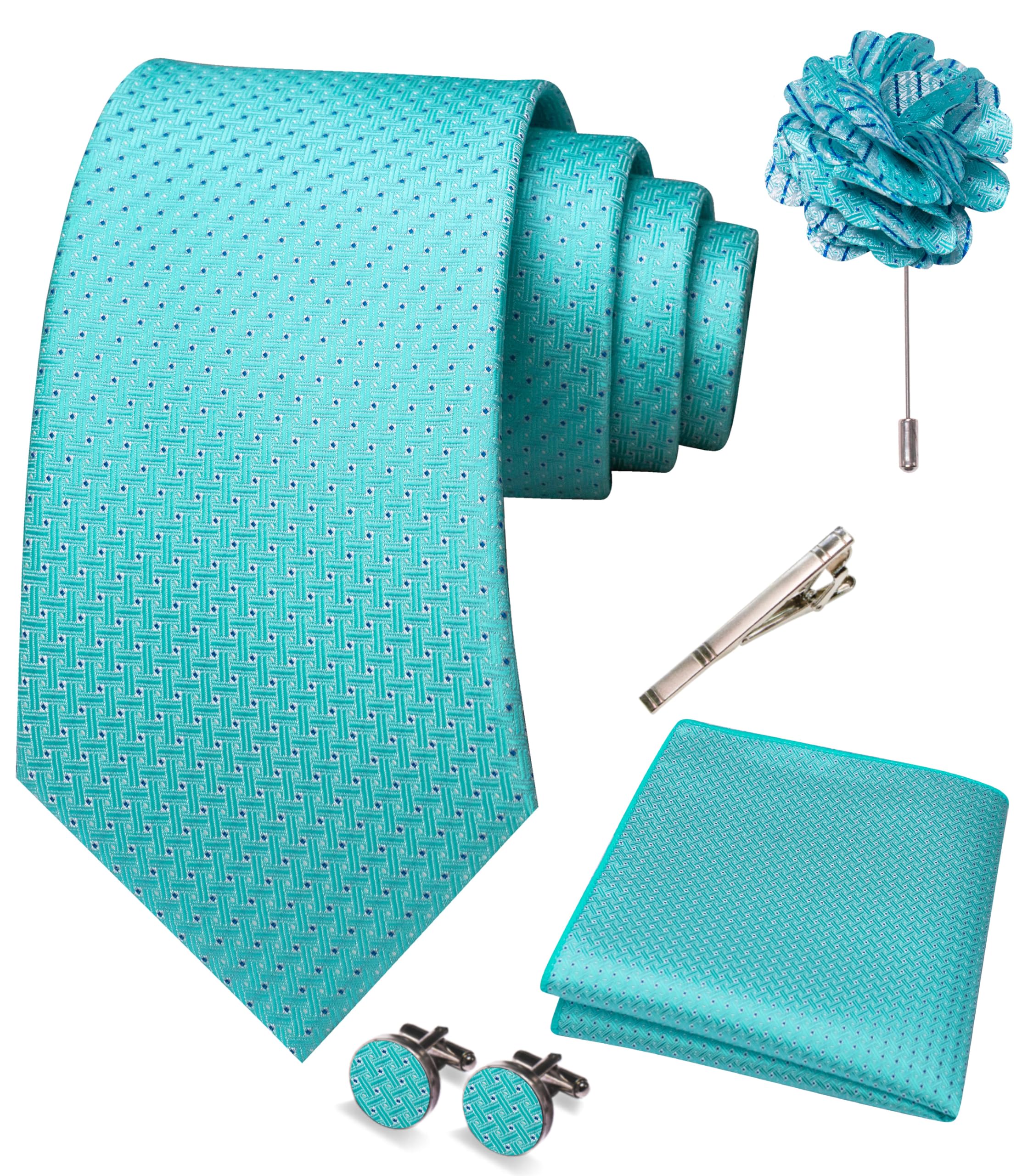 JEMYGINS Mens Tie and Pocket Square,Lapel Pin,Cufflinks,Tie Clip Sets with Gift Box 5PCS