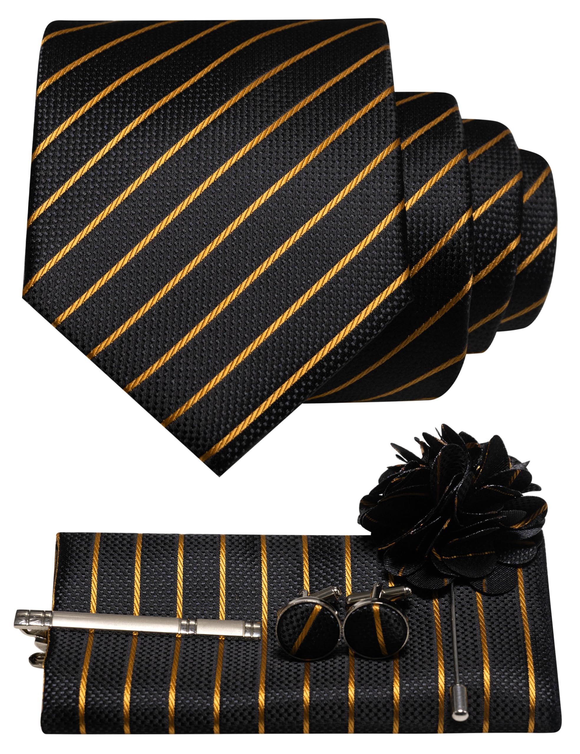 JEMYGINS Mens Tie and Pocket Square,Lapel Pin,Cufflinks,Tie Clip Sets with Gift Box 5PCS